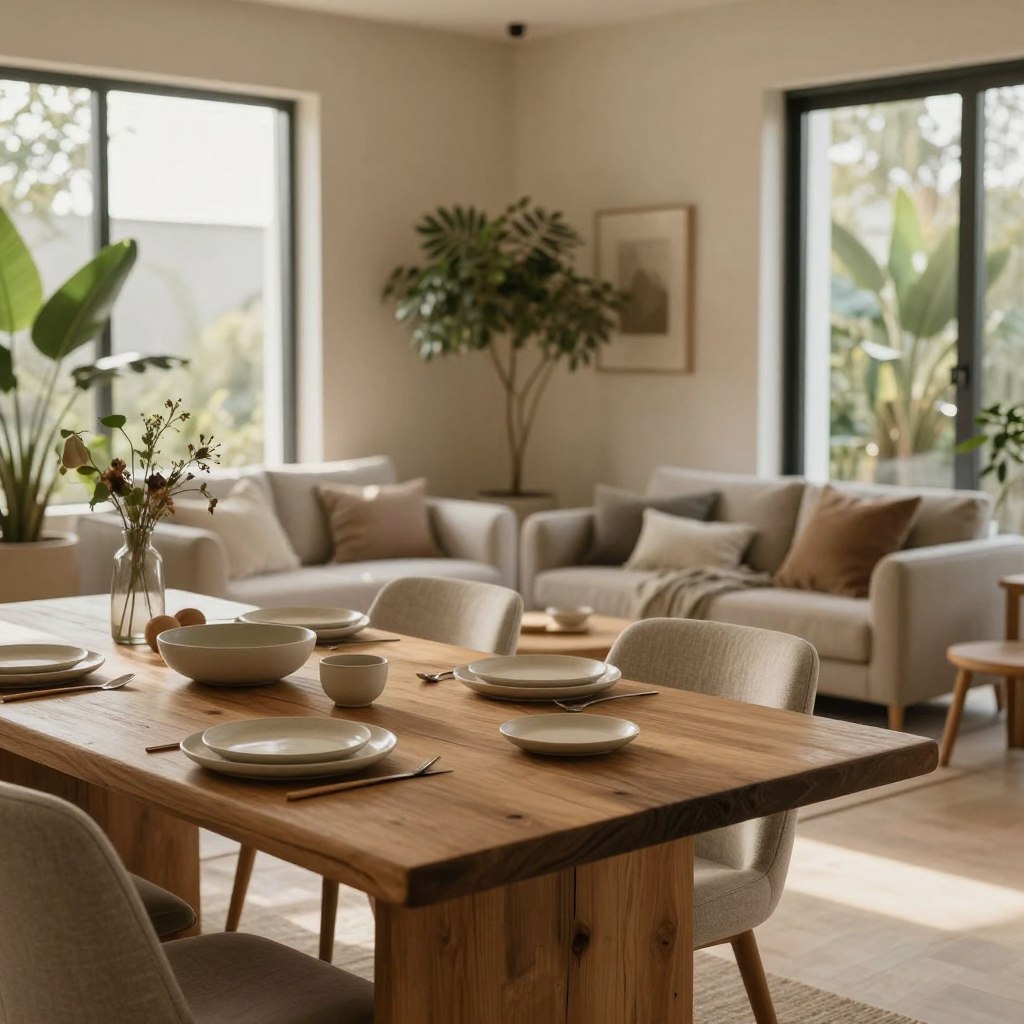 A cozy organic modern dining room featuring an earthy neutral color palette. In the foreground, a rustic wooden dining table set with natural linen tableware and simple ceramic dishware. The middle ground showcases comfortable, upholstered dining chairs in muted tones, surrounded by lush indoor plants that enhance the organic feel. In the background, a soft, warm light streams through large windows, casting gentle shadows and adding depth to the space. The walls are painted in a warm beige, creating a serene atmosphere. The overall mood is inviting and tranquil, perfect for family gatherings. Capture with a slightly elevated angle to highlight the harmonious blend of textures and colors, with soft natural lighting to emphasize the warm tones and cozy ambiance.