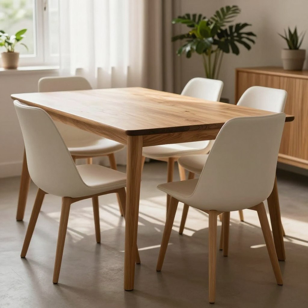 A cozy, organic modern dining room featuring clean lines dining chairs with a simple design and elegant tapered legs. The foreground showcases four of these sleek chairs arranged around a wooden dining table with a natural finish. In the middle, soft natural light filters through sheer window treatments, casting gentle shadows and enhancing the minimalist aesthetic of the space. The background reveals subtle greenery, such as potted plants, adding an organic touch. The mood is warm and inviting, perfect for family gatherings or intimate dinners. The scene is captured from a slightly elevated angle with a focal length that highlights both the chairs and the table, creating a harmonious and balanced composition, free of any distractions.