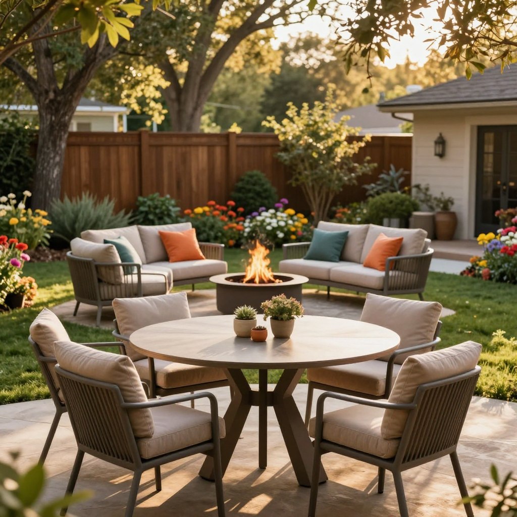 A cozy outdoor backyard setting featuring an elegant arrangement of patio furniture. In the foreground, a stylish, round dining table surrounded by plush cushioned chairs, all in soft earth tones. A small, inviting sitting area with a fire pit at the center, showcasing comfortable lounge chairs with vibrant cushions. The middle layer highlights a lush green lawn and flower beds blooming with colorful flowers, providing a vibrant backdrop. In the background, a wooden fence and tall trees, with soft sunlight filtering through the leaves, creating dappled shadows. The scene captures a serene and inviting atmosphere, perfect for relaxation. The lighting is warm and golden, suggesting late afternoon, with a slight bokeh effect to enhance depth.