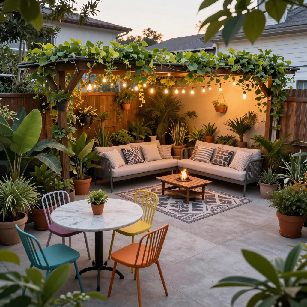 A cozy outdoor patio in a small-space backyard, featuring creative design elements. In the foreground, an inviting bistro table with two colorful chairs surrounded by potted plants, and a small fire pit. The middle ground showcases a charming hanging garden with string lights, creating a warm ambiance. A compact seating area with a stylish outdoor rug is visible, adorned with throw pillows and a small wooden coffee table. In the background, a wooden trellis draped with vines adds a natural touch, and a few tall plants provide privacy. The scene is bathed in soft, late afternoon sunlight, capturing a tranquil, inviting atmosphere. The camera angle is slightly elevated, providing a comprehensive view that emphasizes the space's uniqueness and charm.