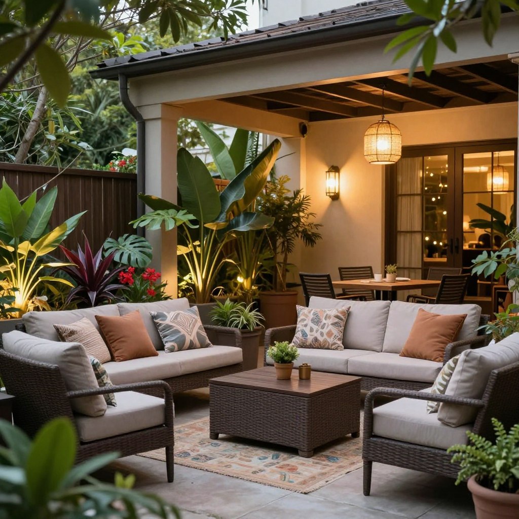 A cozy outdoor patio space designed for budget-friendly updates, featuring a rustic wooden table with mismatched folding chairs, adorned with potted plants and colorful cushions. In the foreground, a small herb garden in repurposed containers adds a touch of greenery. The middle ground showcases a playful outdoor rug that defines the seating area, creating an inviting atmosphere. Lush, low-maintenance plants line the edges, offering a natural backdrop. In the background, string lights hung overhead cast a warm, golden glow, emphasizing a relaxed evening ambiance. The scene is captured in soft, natural lighting, suggesting a late afternoon sun, creating a peaceful retreat perfect for gatherings or quiet moments.
