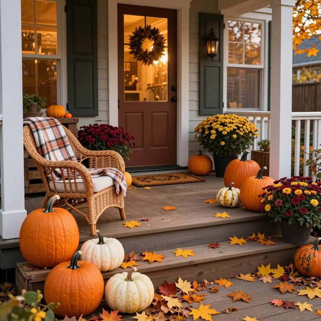 A cozy porch decorated for autumn, filled with vibrant orange and yellow leaves scattered on wooden steps, alongside a collection of orange and white pumpkins of various sizes. In the foreground, a comfortable wicker chair adorned with a soft, plaid throw invites relaxation, while a rustic wooden crate holds decorative gourds. In the middle, a welcoming mat lies at the door, surrounded by potted chrysanthemums in rich burgundy and gold hues. The background features a charming house with warm, inviting light glowing from the windows, hinting at an inviting atmosphere. The scene is bathed in the soft, golden glow of late afternoon sunlight, creating a warm and inviting ambiance perfect for the season. The angle captures the porch from a slightly elevated viewpoint, highlighting the layered textures and vibrant colors of autumn.