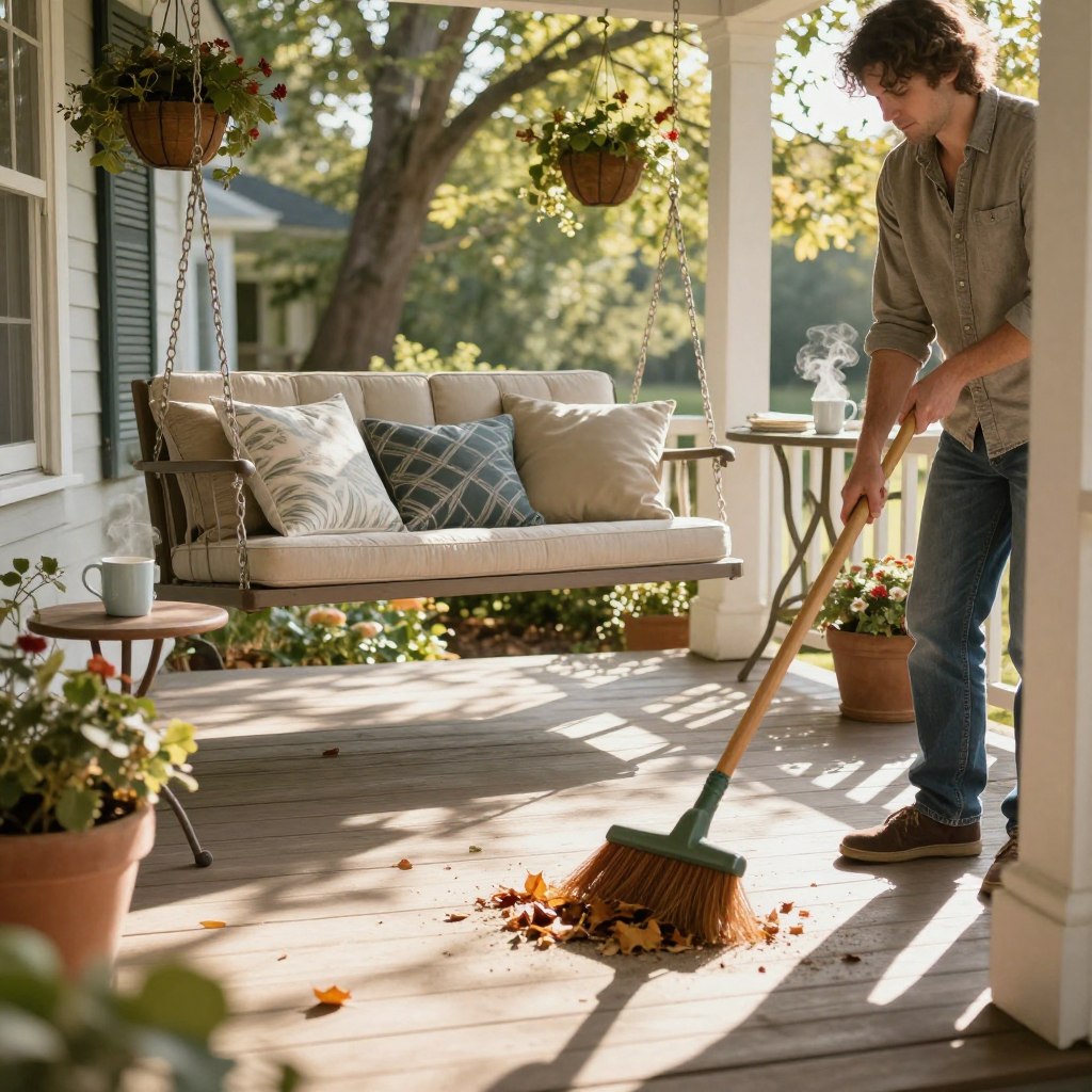 A cozy porch scene that showcases seasonal cleaning and maintenance of decor. In the foreground, a person dressed in casual, modest clothing sweeps fallen leaves and dust from a beautifully decorated porch. The middle ground features a stylish porch swing adorned with decorative pillows, hanging flower baskets, and a small table holding a steaming mug. The background shows gentle sunlight filtering through trees, creating dappled light patterns on the wooden porch floor. Soft shadows enhance the tranquil atmosphere. The overall mood is warm and inviting, evoking a sense of care and attention to detail in maintaining a lovely outdoor space. The angle captures the porch from a slightly elevated perspective, emphasizing both the decor and the act of cleaning, inviting viewers into the scene.