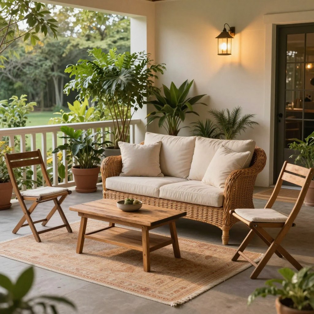 A cozy porch setting showcasing a budget-friendly furniture arrangement. In the foreground, a charming wicker loveseat adorned with soft, neutral throw pillows, paired with a small rustic wooden coffee table. On either side, two simple foldable chairs, inviting and practical. The middle area features a tasteful rug, setting a warm tone. In the background, lush green potted plants add life and color, while a hanging lantern softly lights the space with a warm glow, creating a welcoming ambiance. The scene is viewed from a slightly elevated angle, capturing the inviting layout while sunlight filters through, producing a serene, homely atmosphere. The overall mood is comforting and creative, perfect for outdoor relaxation.
