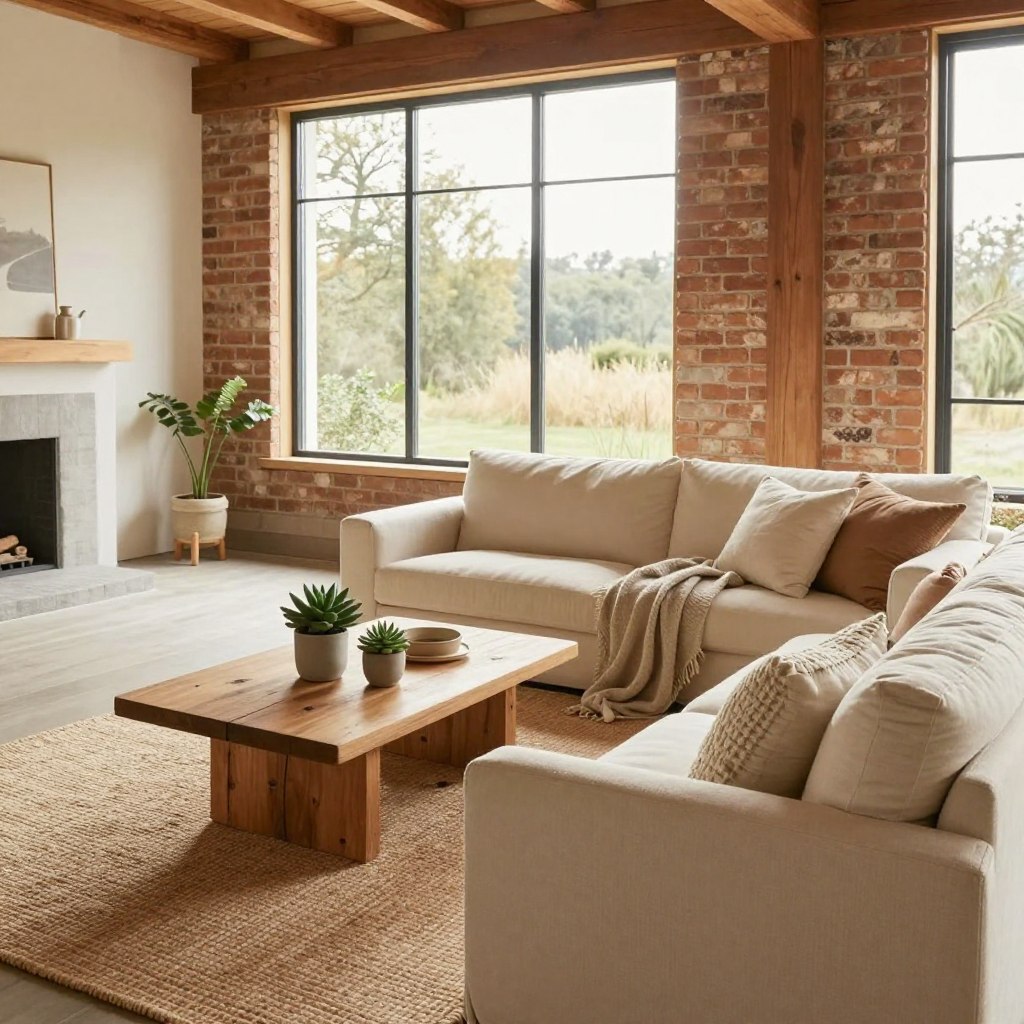 A cozy rustic modern interior design room showcases natural materials and earthy tones. In the foreground, a plush, cream-colored sofa adorned with textured throw pillows sits atop a woven jute area rug. The middle features a handcrafted wooden coffee table decorated with potted succulents and a soft, neutral blanket draped over the arm of the sofa. A large, floor-to-ceiling window in the background floods the space with warm, natural light, illuminating a wall of exposed brick and wooden beams that complement the serene aesthetic. The overall atmosphere is inviting and peaceful, perfect for a cozy living space, with a focus on simplicity and organic elements. Shoot from a slightly elevated angle to capture the room's depth and warmth. A cozy rustic modern interior design room showcases natural materials and earthy tones. In the foreground, a plush, cream-colored sofa adorned with textured throw pillows sits atop a woven jute area rug. The middle features a handcrafted wooden coffee table decorated with potted succulents and a soft, neutral blanket draped over the arm of the sofa. A large, floor-to-ceiling window in the background floods the space with warm, natural light, illuminating a wall of exposed brick and wooden beams that complement the serene aesthetic. The overall atmosphere is inviting and peaceful, perfect for a cozy living space, with a focus on simplicity and organic elements. Shoot from a slightly elevated angle to capture the room's depth and warmth.