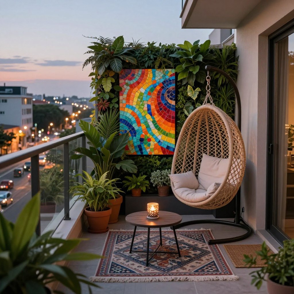A cozy small balcony space featuring a striking focal point decoration, such as an artistic vertical garden or a bespoke hanging chair. In the foreground, lush green potted plants and a stylish outdoor rug invite relaxation, while a small table set with a decorative candle and soft cushions add to the atmosphere. The middle ground showcases a beautifully designed focal piece, drawing the eye—a colorful mosaic wall or a large, vibrant piece of outdoor art. In the background, a serene cityscape at dusk provides a soft, warm glow from street lights. The lighting is soft, enhancing the cozy mood, with a focus on creating an intimate, stylish outdoor space. Capture the image from a slightly elevated angle to showcase the layout and the warmth of the setting.