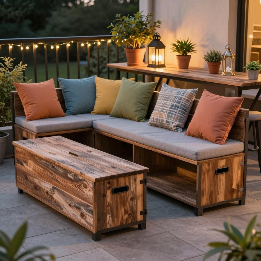 A cozy small patio space featuring multi-functional storage furniture, designed for optimal organization and style. In the foreground, a stylish storage bench with a weathered wood finish doubles as seating and a storage solution, adorned with colorful outdoor cushions. The middle ground reveals a compact table with potted plants and decorative lanterns, creating a warm, inviting atmosphere. The background showcases a subtle view of a railing draped with fairy lights, enhancing the outdoor charm. The scene is illuminated by soft, golden hour lighting, evoking a relaxing evening mood. Capture this composition with a slight angle to emphasize depth, using a wide lens for a spacious feel, while keeping the focus on the furniture and decor elements.