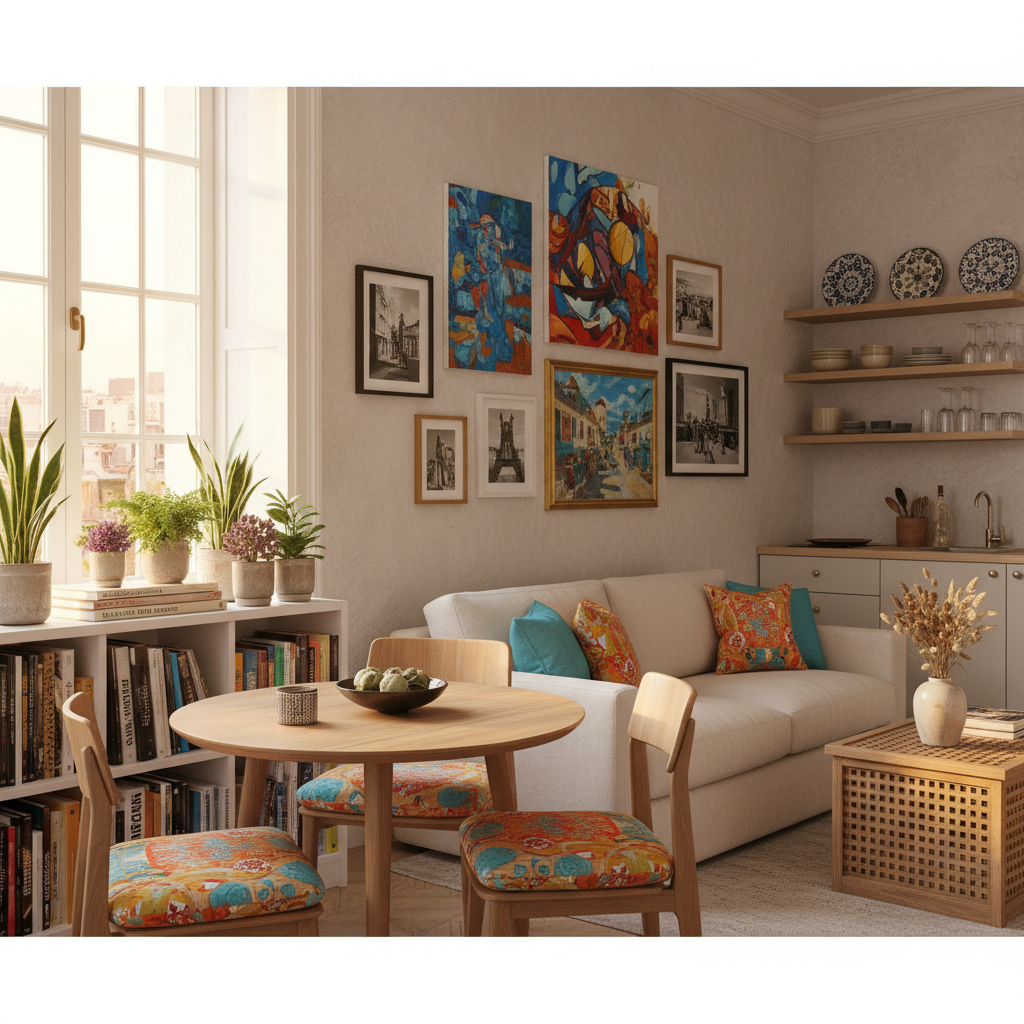 A cozy studio apartment featuring a modern and personalized decor style. In the foreground, a stylish, small dining table with two chairs adorned with vibrant cushions sits beside a narrow bookshelf filled with art books and small potted plants. The middle ground showcases a comfortable sofa covered in soft, textured throw blankets, positioned against a wall adorned with colorful artwork, including abstract paintings and framed photographs. A compact coffee table rests in front of the sofa, holding a couple of decorative items. The background reveals a compact, well-organized kitchenette with open shelving displaying decorative dishes and glassware. The warm, natural lighting filters through a large window, creating a welcoming atmosphere. The perspective is a slight angle, highlighting the harmonious arrangement of furniture and decor, invoking a sense of comfort and style in a small space. A cozy studio apartment featuring a modern and personalized decor style. In the foreground, a stylish, small dining table with two chairs adorned with vibrant cushions sits beside a narrow bookshelf filled with art books and small potted plants. The middle ground showcases a comfortable sofa covered in soft, textured throw blankets, positioned against a wall adorned with colorful artwork, including abstract paintings and framed photographs. A compact coffee table rests in front of the sofa, holding a couple of decorative items. The background reveals a compact, well-organized kitchenette with open shelving displaying decorative dishes and glassware. The warm, natural lighting filters through a large window, creating a welcoming atmosphere. The perspective is a slight angle, highlighting the harmonious arrangement of furniture and decor, invoking a sense of comfort and style in a small space.