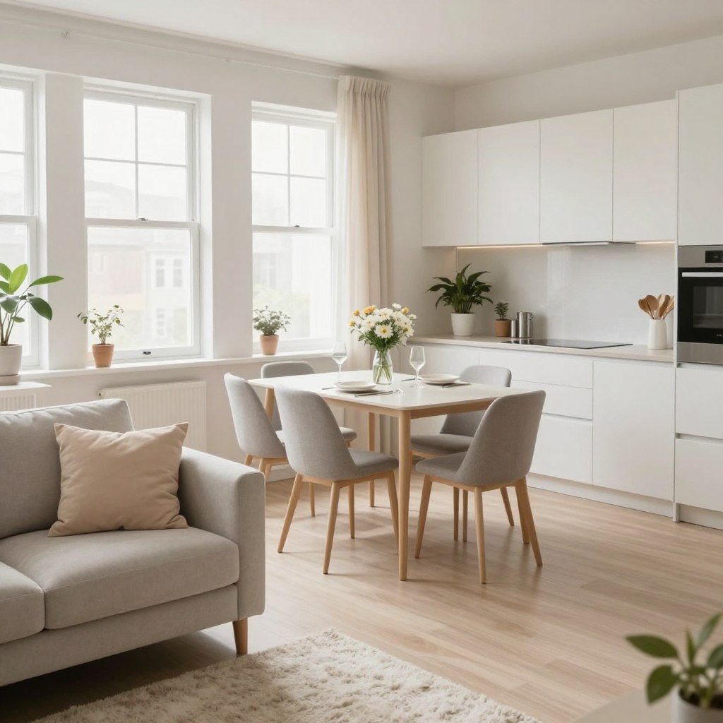 A cozy studio apartment featuring decor in light neutral colors, showcasing a harmonious blend of whites, soft beiges, and light greys. In the foreground, include a stylish, small living area with a comfortable, minimalist sofa adorned with pastel cushions and a plush area rug. The middle ground features a compact dining table set for two, with elegant tableware and a small vase of fresh flowers. In the background, a well-organized kitchen with sleek cabinetry and a few potted plants for a touch of greenery. Soft, natural lighting floods the space through large windows, creating a warm and inviting atmosphere. Capture the scene from a slightly elevated angle to emphasize the open layout and spaciousness, offering a sense of tranquility and modern aesthetic. A cozy studio apartment featuring decor in light neutral colors, showcasing a harmonious blend of whites, soft beiges, and light greys. In the foreground, include a stylish, small living area with a comfortable, minimalist sofa adorned with pastel cushions and a plush area rug. The middle ground features a compact dining table set for two, with elegant tableware and a small vase of fresh flowers. In the background, a well-organized kitchen with sleek cabinetry and a few potted plants for a touch of greenery. Soft, natural lighting floods the space through large windows, creating a warm and inviting atmosphere. Capture the scene from a slightly elevated angle to emphasize the open layout and spaciousness, offering a sense of tranquility and modern aesthetic.