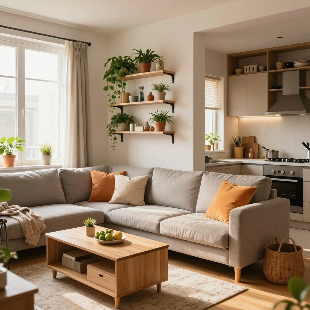 A cozy, stylish apartment interior showcasing small space decor furniture solutions. In the foreground, a multifunctional coffee table with built-in storage and a small, comfortable sectional sofa adorned with vibrant cushions. In the middle, a sleek wall-mounted shelf filled with plants and decorative items, emphasizing vertical space utilization. In the background, a well-organized kitchen nook with compact appliances and clever shelving that maximizes space. The scene is illuminated with warm, natural light streaming in through a large window, creating an inviting atmosphere. The angle is slightly elevated, providing a comprehensive view of the space, enhancing the idea of maximizing small areas with smart decor. The overall mood is fresh, modern, and inspiring for apartment living.