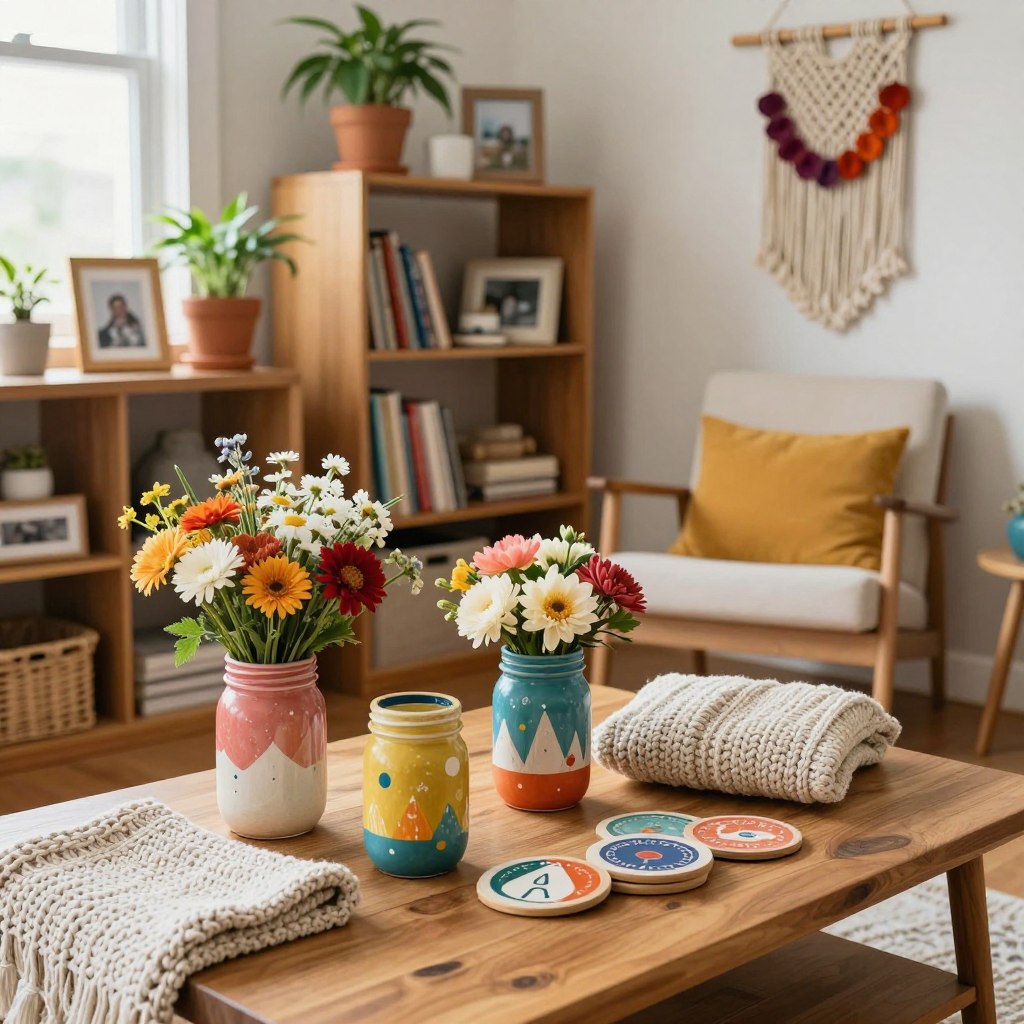 A cozy, stylish living room showcasing a variety of DIY home decor projects. In the foreground, a wooden coffee table displays colorful handmade decorations such as painted mason jars filled with flowers, a textured knitted throw, and a collection of unique coasters. The middle section features a stylish bookshelf filled with potted plants, handcrafted photo frames, and upcycled decor items, creating a personalized feel. In the background, a soft-lit corner with a comfy reading chair and a vibrant macramé wall hanging adds depth. Natural light streams through a window, creating a warm, inviting atmosphere. The overall mood is creative and inspiring, perfect for those seeking affordable decorating solutions. The image is shot with a soft focus lens at a slightly elevated angle to capture the inviting ambiance. A cozy, stylish living room showcasing a variety of DIY home decor projects. In the foreground, a wooden coffee table displays colorful handmade decorations such as painted mason jars filled with flowers, a textured knitted throw, and a collection of unique coasters. The middle section features a stylish bookshelf filled with potted plants, handcrafted photo frames, and upcycled decor items, creating a personalized feel. In the background, a soft-lit corner with a comfy reading chair and a vibrant macramé wall hanging adds depth. Natural light streams through a window, creating a warm, inviting atmosphere. The overall mood is creative and inspiring, perfect for those seeking affordable decorating solutions. The image is shot with a soft focus lens at a slightly elevated angle to capture the inviting ambiance.
