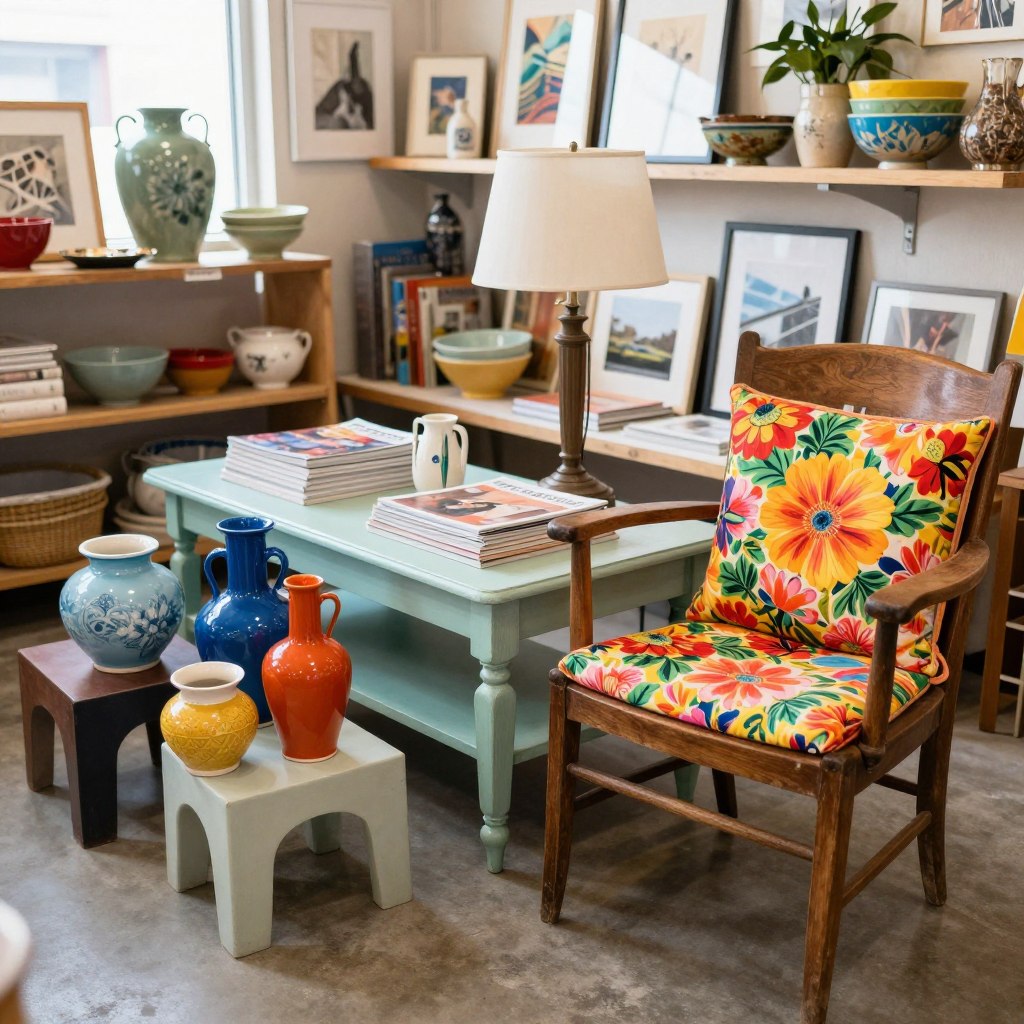 A cozy thrift store scene showcasing a variety of eclectic finds and upcycled furniture for budget-friendly home decor. In the foreground, a vintage wooden chair with a bright floral cushion sits next to a small, mismatched display of colorful ceramic vases. The middle ground features a rejuvenated coffee table, painted in pastel hues, adorned with a stack of stylish magazines and a retro lamp. In the background, shelves filled with curated items like framed art pieces, quirky bowls, and charming books create a warm atmosphere. Soft, natural lighting streaming from a nearby window enhances the inviting feel, while a shallow depth of field focuses on the furniture, making them the center of attention. The overall mood is vibrant, creative, and approachable, perfect for inspiring home decor enthusiasts. A cozy thrift store scene showcasing a variety of eclectic finds and upcycled furniture for budget-friendly home decor. In the foreground, a vintage wooden chair with a bright floral cushion sits next to a small, mismatched display of colorful ceramic vases. The middle ground features a rejuvenated coffee table, painted in pastel hues, adorned with a stack of stylish magazines and a retro lamp. In the background, shelves filled with curated items like framed art pieces, quirky bowls, and charming books create a warm atmosphere. Soft, natural lighting streaming from a nearby window enhances the inviting feel, while a shallow depth of field focuses on the furniture, making them the center of attention. The overall mood is vibrant, creative, and approachable, perfect for inspiring home decor enthusiasts.