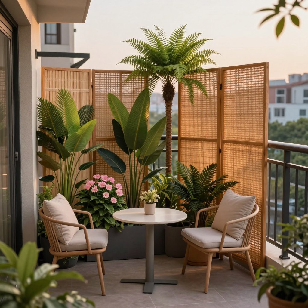 A cozy tiny balcony makeover featuring stylish privacy screens and tall, lush plants. In the foreground, a small, inviting seating area with a minimalist bistro table and two chairs, adorned with soft cushions. The middle ground showcases elegant wood or bamboo privacy screens, tastefully designed to offer seclusion without sacrificing style. Tall potted plants, such as vibrant ferns and flowering bisquits, surround the space, adding greenery and a sense of tranquility. In the background, a view of a cityscape gently blurred to emphasize the balcony’s intimate setting. Soft, warm evening light casts a golden glow, creating a peaceful and welcoming atmosphere. The image is captured from a slightly elevated angle to provide a comprehensive view of the balcony's decor and charm.