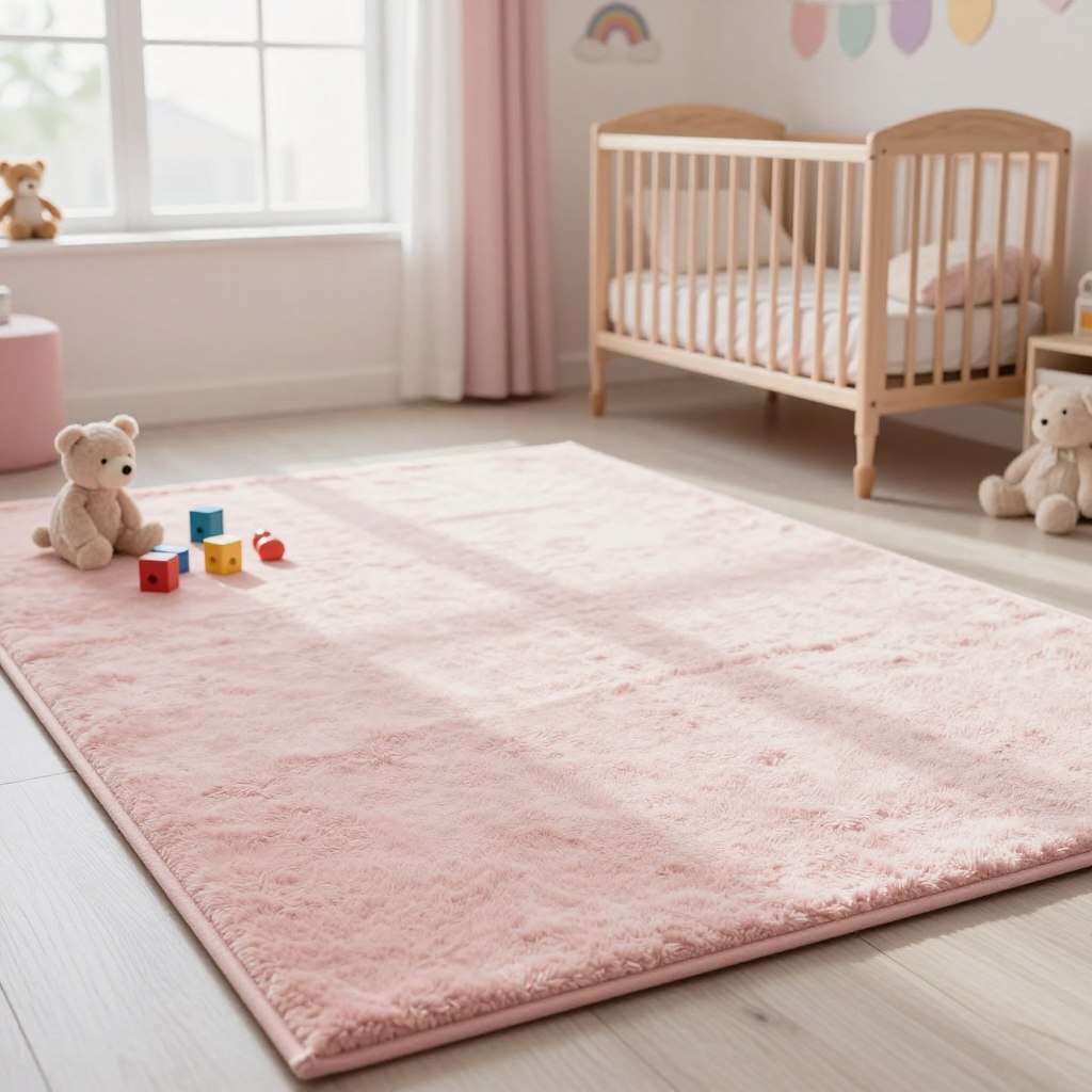 A cozy toddler room featuring a soft, pale pink rug with plush textures designed for active play. In the foreground, the rug is elegantly spread out, showcasing gentle fibers that invite comfort. Scattered toys, such as plush animals and building blocks, add a playful touch while emphasizing the rug's spaciousness. The middle ground includes a cheerful, well-lit area with a light wooden crib and cute pastel wall decor, enhancing the room's charm. A large window in the background allows soft, natural daylight to filter in, casting a warm glow on the rug. The overall atmosphere is inviting and nurturing, perfect for a child's imaginative playtime in a serene environment.