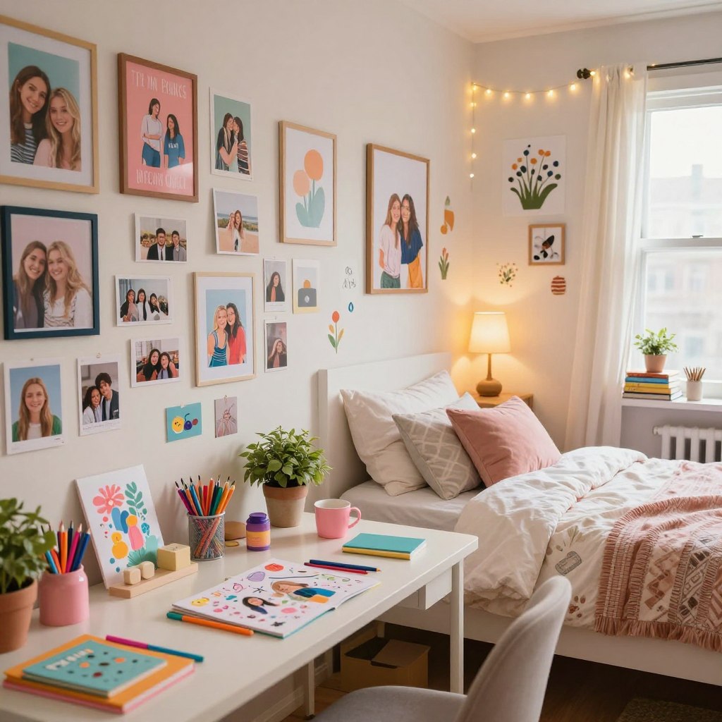 A cozy, vibrant girls' room filled with charming accessories that reflect personal style. In the foreground, a well-organized desk adorned with colorful stationery, handmade crafts, and a small potted plant. On the walls, a collage of framed personal artwork and photos of friends, family, and memorable moments, showcasing creativity and love. In the middle, a neatly made bed with a soft, patterned duvet and a few plush pillows, complemented by a bedside table featuring a cute lamp and a stack of favorite books. The background shows whimsical wall decals and fairy lights twinkling softly, creating a warm, inviting atmosphere. The scene is bathed in soft, natural light from a nearby window, lending an inviting feel as if time stands still in this personal haven. A cozy, vibrant girls' room filled with charming accessories that reflect personal style. In the foreground, a well-organized desk adorned with colorful stationery, handmade crafts, and a small potted plant. On the walls, a collage of framed personal artwork and photos of friends, family, and memorable moments, showcasing creativity and love. In the middle, a neatly made bed with a soft, patterned duvet and a few plush pillows, complemented by a bedside table featuring a cute lamp and a stack of favorite books. The background shows whimsical wall decals and fairy lights twinkling softly, creating a warm, inviting atmosphere. The scene is bathed in soft, natural light from a nearby window, lending an inviting feel as if time stands still in this personal haven.