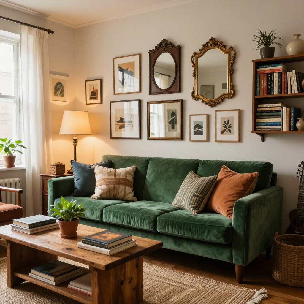 A cozy vintage apartment decor scene featuring an inviting living space. In the foreground, a velvet green sofa adorned with an array of mismatched throw pillows sits atop a woven area rug. There’s a rustic wooden coffee table cluttered with thrifted books and a small potted plant. In the middle, a gallery wall displays a collection of eclectic framed artwork and vintage mirrors, creating a focal point filled with character. The background shows a softly lit room, with sheer curtains filtering warm natural light, illuminating vintage lamps and a charming bookshelf stacked with eclectic finds. The atmosphere is warm, inviting, and creatively curated, embodying a serene yet vibrant vibe perfect for style inspiration.
