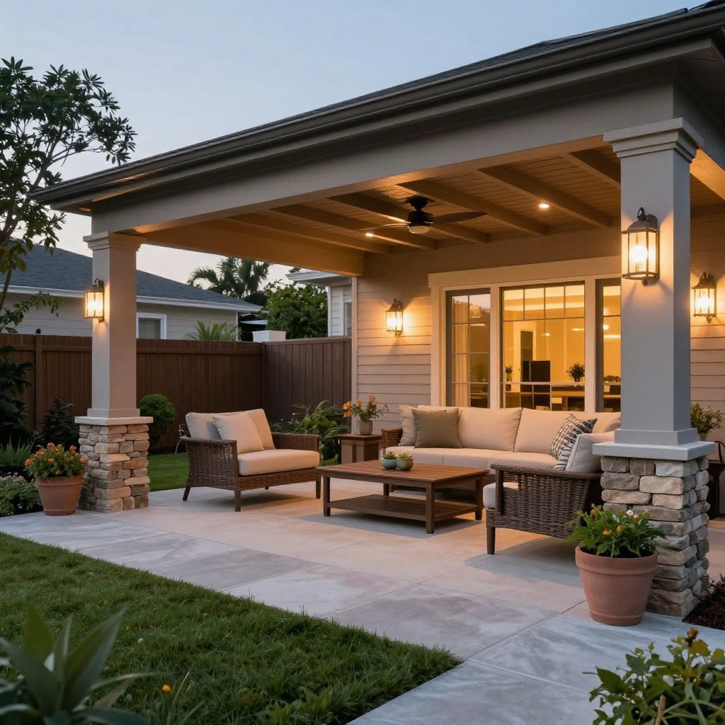 A large cozy backyard covered patio solution depicted in an inviting outdoor setting. In the foreground, a stylish wooden table set for tea, surrounded by comfortable cushioned chairs. The middle area features a spacious, well-structured patio with elegant wooden beams and soft, draping fabric overhead, creating shade and ambiance. Subtle outdoor lighting hangs from the structure, casting a warm glow. Lush greenery and potted plants are positioned around, enhancing the natural feel. In the background, a well-manicured lawn and a backdrop of charming garden elements complete the scene. The atmosphere is serene and inviting, perfect for relaxation and social gatherings. The lighting is soft and warm, suggesting a late afternoon setting, captured from a slightly elevated angle for a comprehensive view.