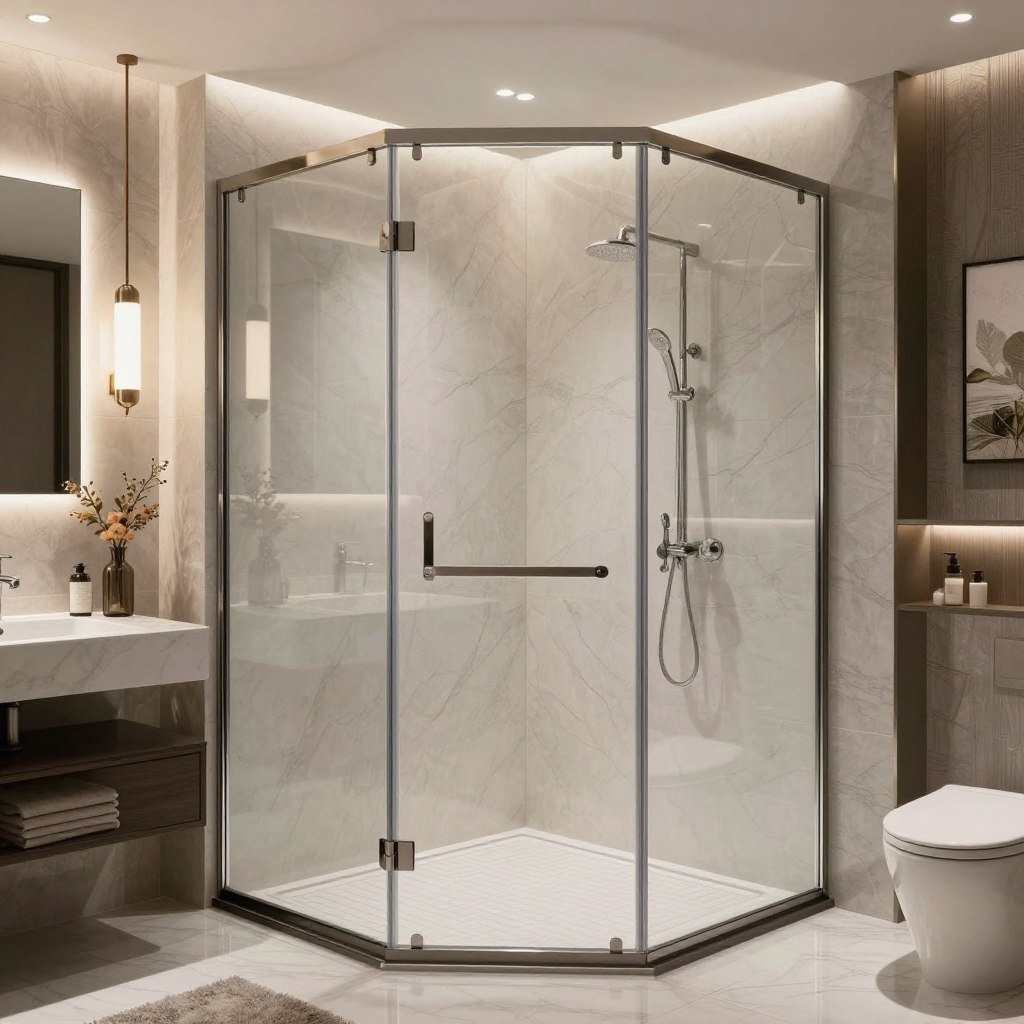 A luxurious bathroom featuring a frameless glass shower enclosure as the centerpiece. The foreground showcases a sleek, minimalist shower with crystal-clear glass panels and polished chrome fixtures, highlighted by soft, diffused lighting that enhances its modern design. In the middle, a stylish vanity with a contemporary sink and elegant mirror reflects a calming aesthetic, adorned with subtle decorative elements like potted plants. The background reveals smooth, modern tiles in soft neutral tones that complement the overall atmosphere of serenity and sophistication. Warm, inviting light streams in through a frosted window, creating a tranquil ambiance perfect for relaxation. The scene embodies the essence of modern bathrooms, focusing on seamless design and luxurious comfort.
