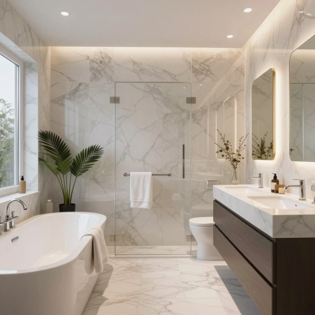 A luxurious bathroom renovation design featuring a spacious layout with a freestanding soaking tub as the focal point, surrounded by elegant marble countertops and high-end fixtures. The foreground showcases a minimalist vanity with dual sinks and polished chrome faucets, complemented by tasteful decor. In the middle, natural light filters through large frosted windows, illuminating the sleek tiles and creating an inviting atmosphere. The background features a stylish glass-enclosed shower with rain showerhead and subtle LED lighting, enhancing the serene mood. The space is adorned with lush greenery, soft towels, and ambient candles. The image is captured with a soft focus lens, angled to highlight the sophisticated design elements, all set within a calming yet opulent color palette.