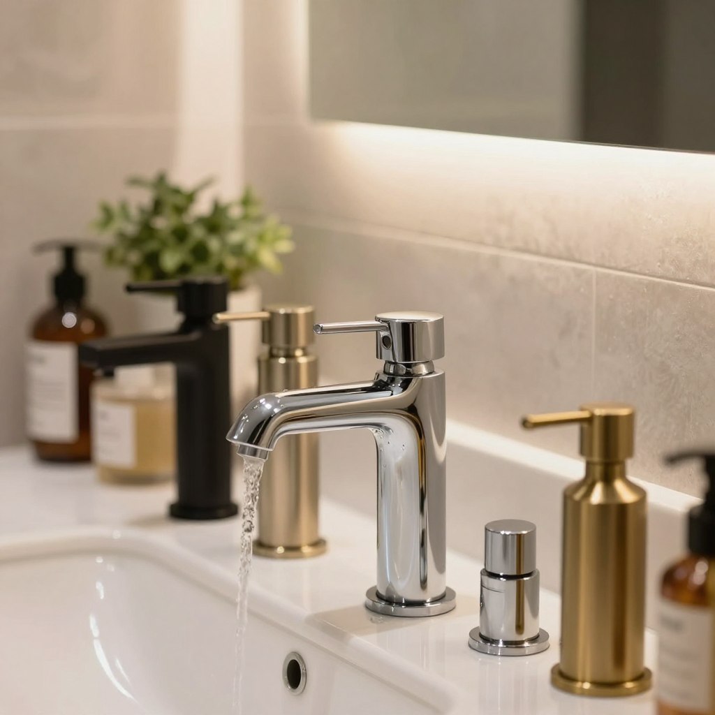 A luxurious bathroom scene featuring an array of stylish faucets with various finishes such as polished chrome, matte black, brushed nickel, and antique brass. In the foreground, focus on a sleek, modern faucet with a minimalist design, water glistening off its surface. The middle ground showcases a beautifully arranged vanity with elegant toiletries and a small potted plant, accentuating the faucet's style. In the background, a softly lit mirror reflects warm, ambient light, creating a welcoming atmosphere. Use a close-up angle to highlight the textures and details of the finishes, with soft, natural lighting to evoke a serene and sophisticated mood, ideal for a transformative bathroom look. A luxurious bathroom scene featuring an array of stylish faucets with various finishes such as polished chrome, matte black, brushed nickel, and antique brass. In the foreground, focus on a sleek, modern faucet with a minimalist design, water glistening off its surface. The middle ground showcases a beautifully arranged vanity with elegant toiletries and a small potted plant, accentuating the faucet's style. In the background, a softly lit mirror reflects warm, ambient light, creating a welcoming atmosphere. Use a close-up angle to highlight the textures and details of the finishes, with soft, natural lighting to evoke a serene and sophisticated mood, ideal for a transformative bathroom look.