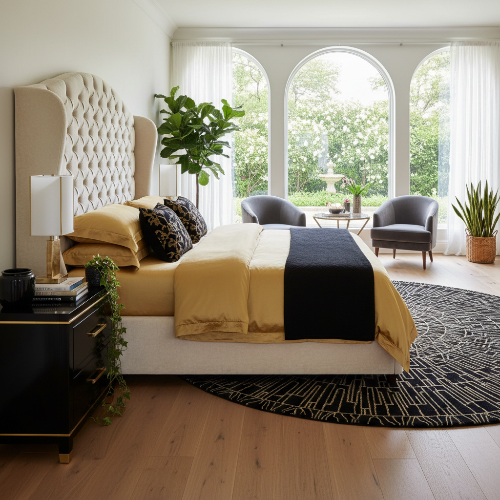 A luxurious bedroom designed as a serene sanctuary, featuring a king-size bed with a plush tufted headboard and soft, neutral-colored bedding. In the foreground, a stylish nightstand holds a decorative lamp and a few elegant books. The middle ground showcases a spacious area rug with a subtle pattern, complementing the warm wooden floor. Lush green plants are strategically placed to enhance tranquility. In the background, large windows allow natural light to fill the space, revealing views of a peaceful garden. Soft, diffused lighting creates a calming atmosphere, while sheer curtains gently sway with a light breeze. The overall mood is one of relaxation and sophistication, inviting one to unwind in a peaceful retreat. A luxurious bedroom designed as a serene sanctuary, featuring a king-size bed with a plush tufted headboard and soft, neutral-colored bedding. In the foreground, a stylish nightstand holds a decorative lamp and a few elegant books. The middle ground showcases a spacious area rug with a subtle pattern, complementing the warm wooden floor. Lush green plants are strategically placed to enhance tranquility. In the background, large windows allow natural light to fill the space, revealing views of a peaceful garden. Soft, diffused lighting creates a calming atmosphere, while sheer curtains gently sway with a light breeze. The overall mood is one of relaxation and sophistication, inviting one to unwind in a peaceful retreat.