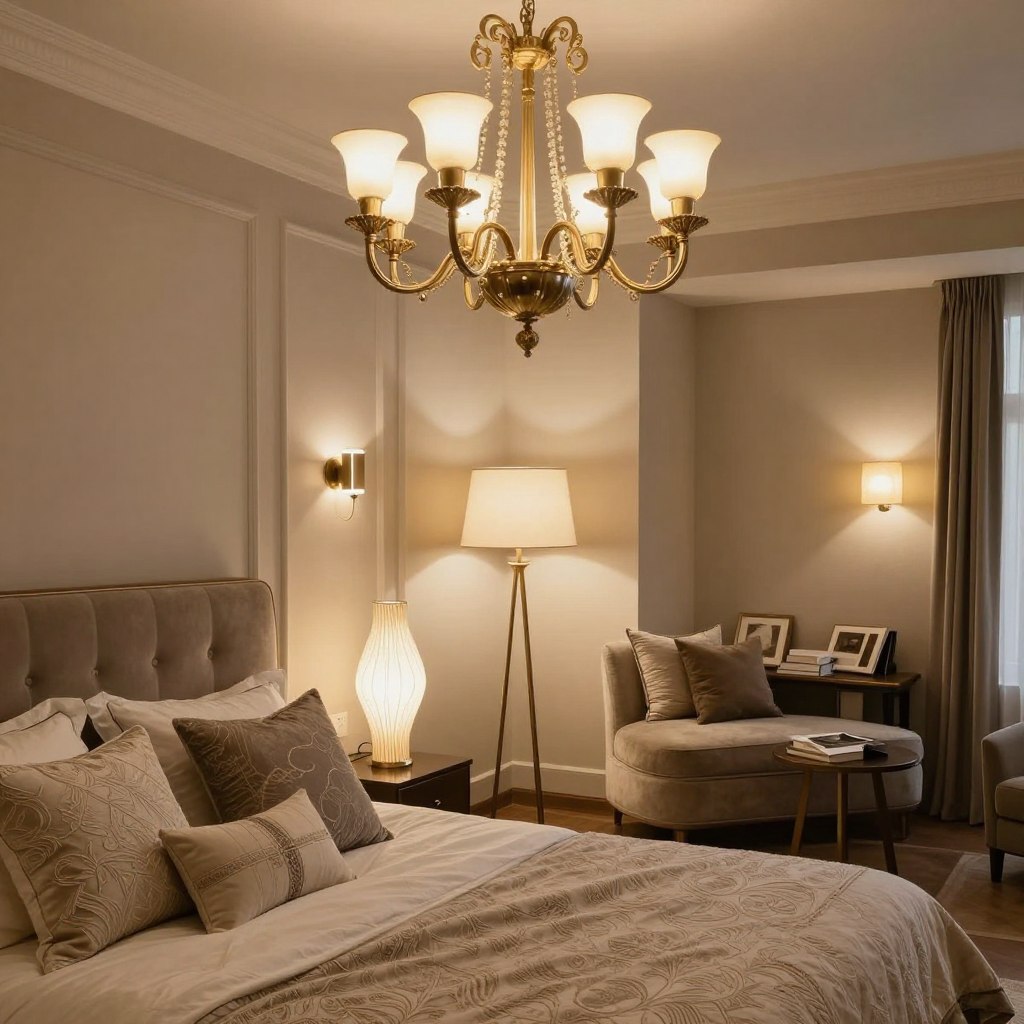 A luxurious bedroom featuring an array of designer lighting fixtures that create an inviting ambiance. In the foreground, showcase an elegant pendant chandelier with intricate details, hanging gracefully above a plush king-sized bed adorned with finely textured pillows. The middle ground should include unique floor lamps with artistic designs, illuminating a stylish reading nook. In the background, soft wall sconces cast a warm glow, enhancing the elegant decor of rich, neutral colors. The scene should reflect a cozy, sophisticated atmosphere, using soft, diffused lighting to emphasize textures and colors. Capture this image with a slight overhead angle to give a comprehensive view, showcasing the harmony between the furnishings and lighting elements while maintaining balance throughout the composition. A luxurious bedroom featuring an array of designer lighting fixtures that create an inviting ambiance. In the foreground, showcase an elegant pendant chandelier with intricate details, hanging gracefully above a plush king-sized bed adorned with finely textured pillows. The middle ground should include unique floor lamps with artistic designs, illuminating a stylish reading nook. In the background, soft wall sconces cast a warm glow, enhancing the elegant decor of rich, neutral colors. The scene should reflect a cozy, sophisticated atmosphere, using soft, diffused lighting to emphasize textures and colors. Capture this image with a slight overhead angle to give a comprehensive view, showcasing the harmony between the furnishings and lighting elements while maintaining balance throughout the composition.