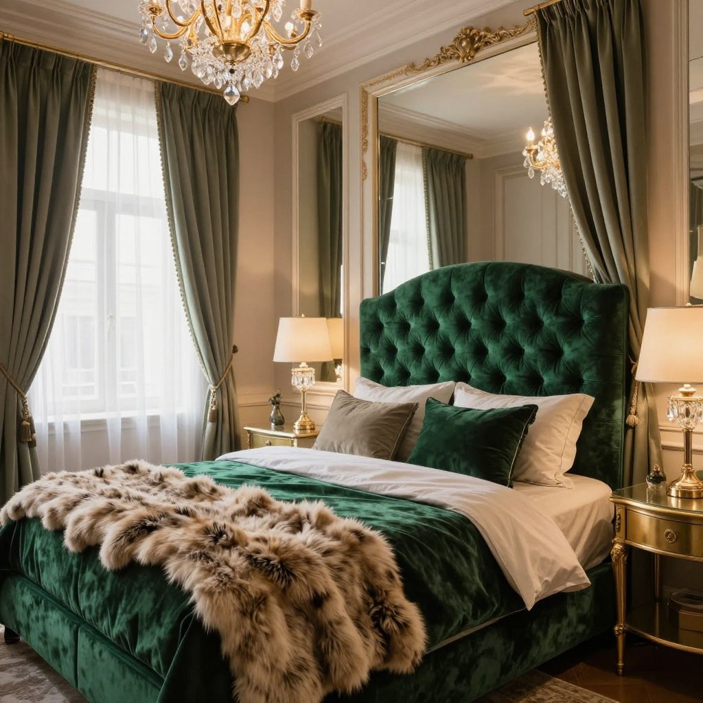 A luxurious bedroom featuring lavish accessories and accents, showcasing an opulent velvet tufted headboard in rich emerald green. Foreground details include an exquisitely crafted gold bedside table adorned with an elegant crystal lamp, and a plush faux fur throw draped across a sumptuous king-sized bed. The middle ground reveals a stylish ornately framed mirror reflecting soft, warm ambient lighting. Luxurious silk curtains cascade from tall windows, allowing natural light to fill the space, enhancing its warmth and sophistication. In the background, an ornate chandelier glimmers, casting a soft golden hue throughout the room. The atmosphere is tranquil and inviting, perfect for relaxation and comfort, conveying a sense of refined elegance and style. The scene is captured from a slight angle with a focus on depth, creating an immersive view of the lavish interior design. A luxurious bedroom featuring lavish accessories and accents, showcasing an opulent velvet tufted headboard in rich emerald green. Foreground details include an exquisitely crafted gold bedside table adorned with an elegant crystal lamp, and a plush faux fur throw draped across a sumptuous king-sized bed. The middle ground reveals a stylish ornately framed mirror reflecting soft, warm ambient lighting. Luxurious silk curtains cascade from tall windows, allowing natural light to fill the space, enhancing its warmth and sophistication. In the background, an ornate chandelier glimmers, casting a soft golden hue throughout the room. The atmosphere is tranquil and inviting, perfect for relaxation and comfort, conveying a sense of refined elegance and style. The scene is captured from a slight angle with a focus on depth, creating an immersive view of the lavish interior design.