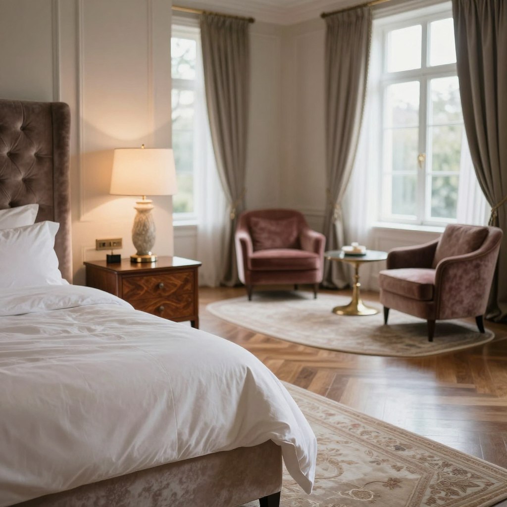 A luxurious bedroom interior showcasing premium materials and finishes. In the foreground, a plush king-sized bed with an elegant tufted velvet headboard, draped in high-thread-count bedding. On one side, a delicate bedside table crafted from polished walnut, holding a stylish lamp emitting a soft, warm glow. In the middle, an exquisite area rug with intricate designs on a hardwood floor, flowing seamlessly into a cozy seating area featuring designer armchairs upholstered in rich fabrics. The background reveals large windows with opulent silk drapes, allowing natural light to pour in, bathing the room in a serene ambiance. The atmosphere is calm and inviting, ideal for relaxation and rejuvenation. Use a soft focus lens effect to emphasize details and create an intimate feel, ensuring no people are present in the image. A luxurious bedroom interior showcasing premium materials and finishes. In the foreground, a plush king-sized bed with an elegant tufted velvet headboard, draped in high-thread-count bedding. On one side, a delicate bedside table crafted from polished walnut, holding a stylish lamp emitting a soft, warm glow. In the middle, an exquisite area rug with intricate designs on a hardwood floor, flowing seamlessly into a cozy seating area featuring designer armchairs upholstered in rich fabrics. The background reveals large windows with opulent silk drapes, allowing natural light to pour in, bathing the room in a serene ambiance. The atmosphere is calm and inviting, ideal for relaxation and rejuvenation. Use a soft focus lens effect to emphasize details and create an intimate feel, ensuring no people are present in the image.
