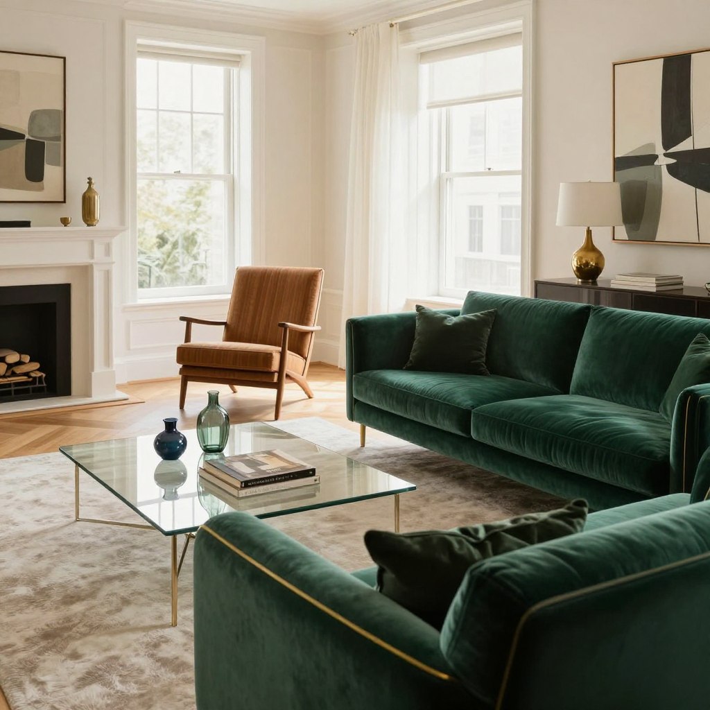 A luxurious living room featuring statement furniture that exemplifies an upscale aesthetic. In the foreground, a sophisticated velvet sofa in deep emerald green with gold accents is paired with a sleek glass coffee table displaying art books and a modern vase. The middle ground showcases an elegant mid-century modern armchair in warm wood tones. Behind, large windows allow soft, natural light to filter in, illuminating the space and creating a warm, inviting atmosphere. The walls are adorned with tasteful abstract art, and a plush area rug grounds the layout. The overall composition should convey a sense of sophistication and comfort, with a focus on clean lines and rich textures. The angle captures the inviting essence of high-end apartment living.