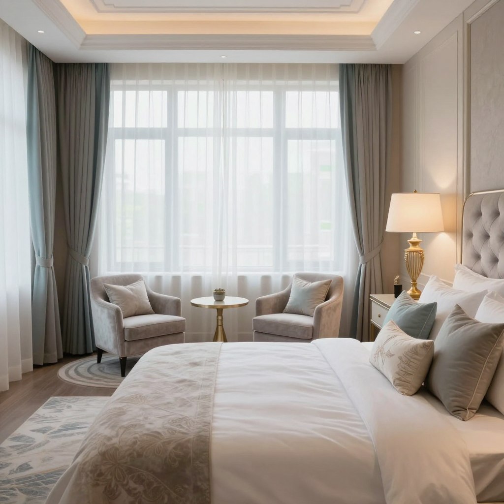 A luxurious master bedroom featuring elegant decor elements. In the foreground, a plush king-sized bed with crisp white linens and a tufted velvet headboard, adorned with elegant decorative pillows in soft pastel shades. To the side, a stylish nightstand with an antique gold lamp casting a warm glow. In the middle ground, a cozy seating area with a pair of chic armchairs and a small round coffee table, accentuated by a stylish area rug. The backdrop displays large windows draped with sheer curtains, allowing soft natural light to flood the room, creating a serene ambiance. A muted color palette of cream, soft gray, and pastel blue enhances the sophisticated atmosphere. Capture this scene with a slightly angled shot to emphasize depth and luxury, evoking a sense of calm and elegance. A luxurious master bedroom featuring elegant decor elements. In the foreground, a plush king-sized bed with crisp white linens and a tufted velvet headboard, adorned with elegant decorative pillows in soft pastel shades. To the side, a stylish nightstand with an antique gold lamp casting a warm glow. In the middle ground, a cozy seating area with a pair of chic armchairs and a small round coffee table, accentuated by a stylish area rug. The backdrop displays large windows draped with sheer curtains, allowing soft natural light to flood the room, creating a serene ambiance. A muted color palette of cream, soft gray, and pastel blue enhances the sophisticated atmosphere. Capture this scene with a slightly angled shot to emphasize depth and luxury, evoking a sense of calm and elegance.