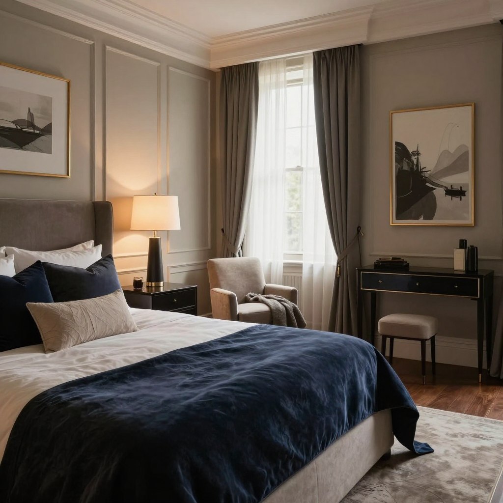 A luxurious, sophisticated bedroom designed with a harmonious color palette. In the foreground, a plush king-size bed adorned with soft, textured pillows in shades of deep navy and cream. Beside the bed, elegant nightstands with modern table lamps casting warm, ambient light. The middle ground features a stylish armchair draped with a cozy throw blanket, and a chic area rug underfoot. The walls are painted in a calming taupe with delicate art pieces in muted gold frames. In the background, large windows dressed with flowing sheer curtains, allowing for natural light to filter in softly. The entire scene exudes an inviting atmosphere that embodies tranquility and luxury, captured from a slightly elevated angle to showcase the room's elegance, with a focus on rich textures and layered tones. A luxurious, sophisticated bedroom designed with a harmonious color palette. In the foreground, a plush king-size bed adorned with soft, textured pillows in shades of deep navy and cream. Beside the bed, elegant nightstands with modern table lamps casting warm, ambient light. The middle ground features a stylish armchair draped with a cozy throw blanket, and a chic area rug underfoot. The walls are painted in a calming taupe with delicate art pieces in muted gold frames. In the background, large windows dressed with flowing sheer curtains, allowing for natural light to filter in softly. The entire scene exudes an inviting atmosphere that embodies tranquility and luxury, captured from a slightly elevated angle to showcase the room's elegance, with a focus on rich textures and layered tones.