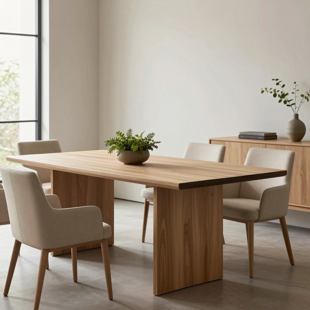 A minimalist dining room featuring elegant furniture characterized by clean lines and neutral tones. In the foreground, a simple wooden dining table with a smooth finish, accompanied by sleek, upholstered chairs in soft beige. The middle ground showcases a decorative centerpiece of greenery, adding a touch of nature. In the background, warm, natural light pours in through large windows, enhancing the spacious feel of the room. The walls are adorned with subtle textures in warm whites and soft grays, creating a serene atmosphere. The scene is shot from a slightly elevated angle, showcasing the harmony and balance of the furniture arrangement. The overall mood is inviting and cozy, perfect for an organic modern dining experience.