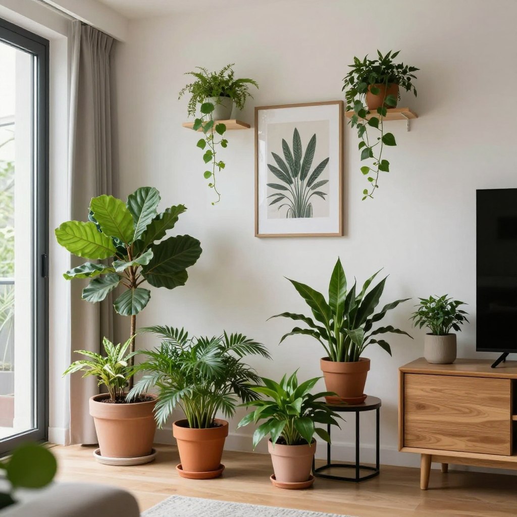 A modern apartment interior featuring a stylish arrangement of indoor plants, showcasing current decorating trends. In the foreground, a sleek coffee table adorned with various potted plants, including a tall snake plant and a trailing pothos. The middle ground reveals a cozy sofa with textured cushions, surrounded by strategically placed greenery, such as ferns and succulents. The background highlights large windows allowing natural light to flood the space, illuminating the vibrant greens. Soft, warm lighting enhances the inviting atmosphere, and a few artwork pieces on the walls complement the natural elements. The overall mood is fresh, serene, and harmoniously balanced, ideal for a rejuvenating living environment.