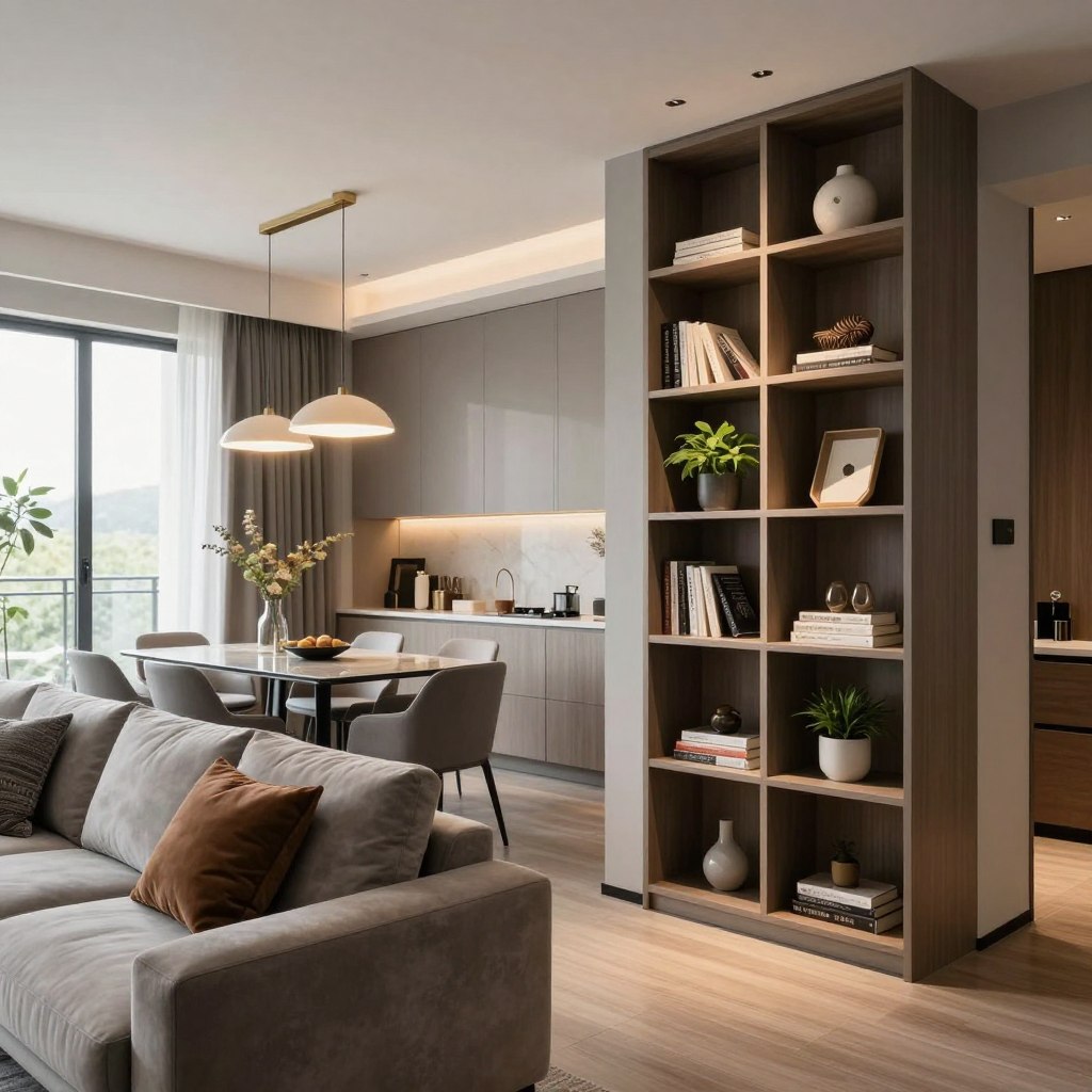 A modern apartment interior featuring elegant vertical storage solutions, emphasizing maximizing space with a high-end aesthetic. In the foreground, showcase a sleek, minimalist bookshelf filled with stylish decor and plants, next to a cozy, designer sofa adorned with luxurious cushions. The middle ground includes a sophisticated dining area with a glass table and elegant chairs, harmonizing with the storage options. In the background, large windows allow natural light to flood the space, illuminating soft gray and warm wood tones in the decor. Include artful pendant lighting above the dining area, casting a warm glow to create an inviting atmosphere. Capture the scene from an angle that highlights the verticality and openness of the design, evoking a feeling of spacious sophistication.