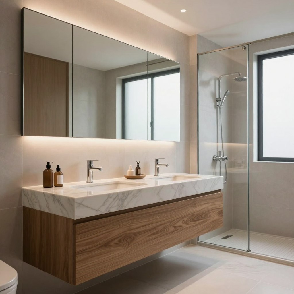 A modern bathroom featuring elegant floating vanities made from sleek wood and polished marble. The foreground showcases a stylish, wall-mounted vanity with a contemporary sink, adorned with minimalist decor. In the middle, soft, ambient lighting highlights the texture of the materials, while a large mirror reflects the stylish fixtures in the room. The background displays a tastefully tiled wall and a spacious shower area with glass panels, creating a sense of openness. The overall atmosphere is serene and sophisticated, with natural light pouring in through a frosted window. Capture the scene at a slightly elevated angle to emphasize the vanities and the stylish, uncluttered design of the bathroom.