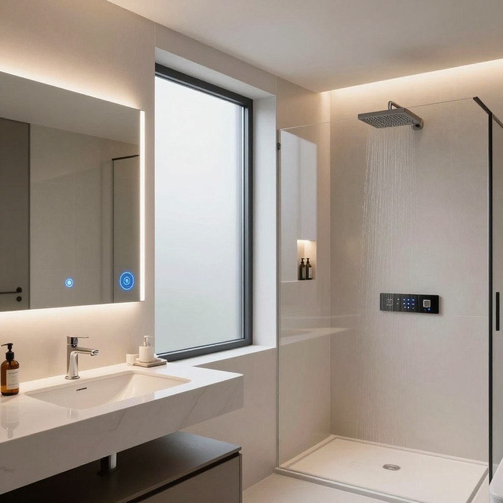 A modern bathroom featuring smart technology elements, including a sleek, touch-screen mirror with integrated lighting and virtual assistant features. In the foreground, a stylish, floating vanity with a vessel sink and smart faucets that adjust temperature automatically. The middle ground showcases a shower with a digital control panel, LED lighting, and a rain showerhead. Soft, ambient lighting enhances the serene atmosphere, while large, frosted windows allow natural light to filter in, creating a sense of openness. The background features elegant tile work and minimalist decor, emphasizing a spa-like vibe. The image is captured with a wide-angle lens to highlight the spaciousness and modern design, evoking feelings of luxury and tranquility.
