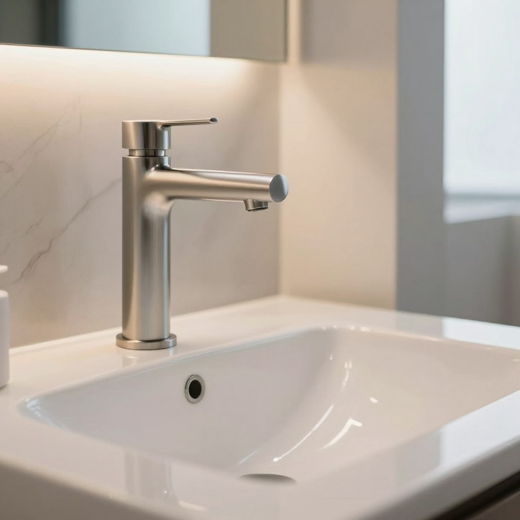 A modern bathroom scene featuring a sleek single handle faucet upgrade positioned prominently in the foreground. The faucet, crafted from polished stainless steel, has a minimalist design with smooth curves and a single lever for effortless control. In the middle ground, a stylish, contemporary sink with white porcelain and a subtle backsplash made of gray marble enhances the aesthetic. The background displays soft, neutral-colored walls and ambient lighting that creates a warm, inviting atmosphere. Natural light filters in through a frosted window, illuminating the faucet and sink, casting gentle reflections on the surface. The overall mood is calm and sophisticated, reflecting a blend of functionality and elegance, perfect for a stylish bathroom upgrade. A modern bathroom scene featuring a sleek single handle faucet upgrade positioned prominently in the foreground. The faucet, crafted from polished stainless steel, has a minimalist design with smooth curves and a single lever for effortless control. In the middle ground, a stylish, contemporary sink with white porcelain and a subtle backsplash made of gray marble enhances the aesthetic. The background displays soft, neutral-colored walls and ambient lighting that creates a warm, inviting atmosphere. Natural light filters in through a frosted window, illuminating the faucet and sink, casting gentle reflections on the surface. The overall mood is calm and sophisticated, reflecting a blend of functionality and elegance, perfect for a stylish bathroom upgrade.