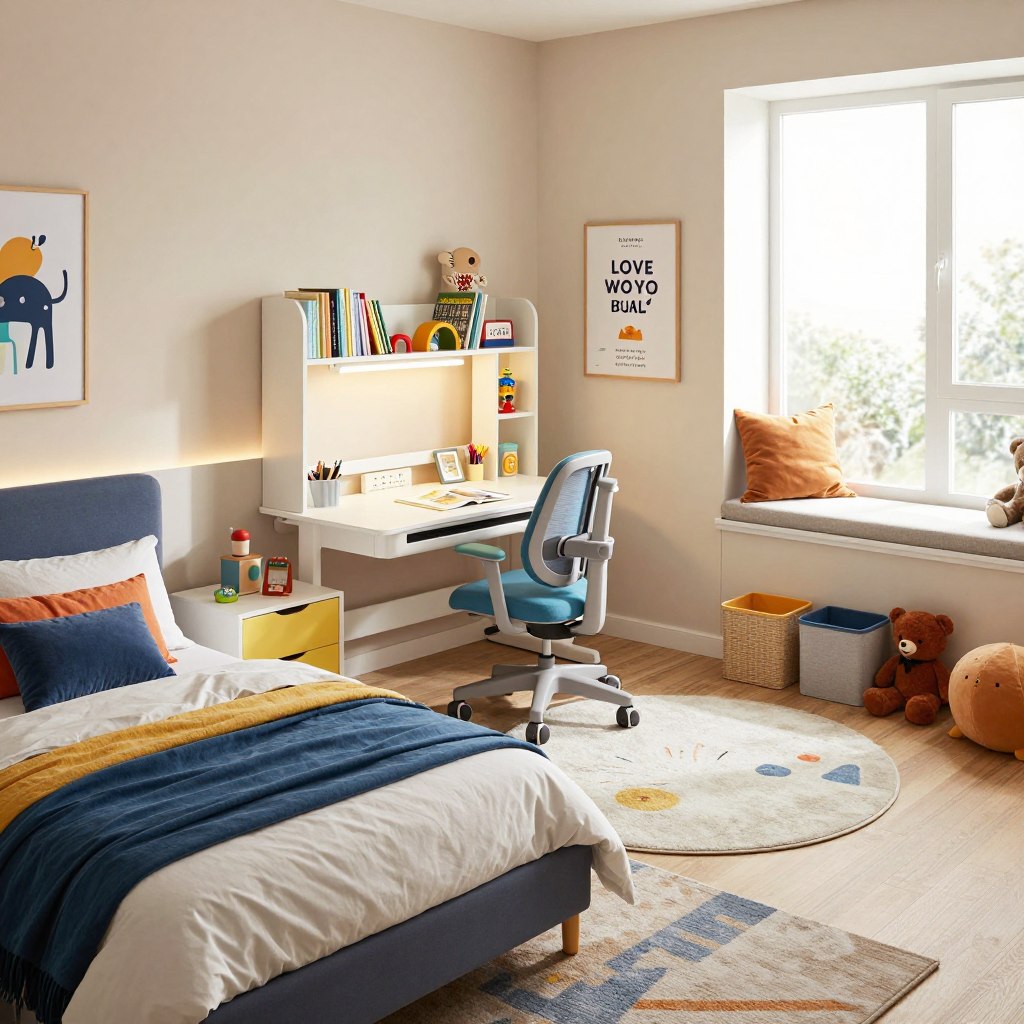 A modern children's bedroom design featuring smart layout zones, suitable for boys. In the foreground, a cozy bed with colorful bedding, complemented by playful wall art. The middle section showcases a study area with a small desk, ergonomic chair, and a bright bookshelf filled with books and toys, promoting creativity and learning. To one side, a soft rug delineates a play zone with plush toys and storage bins for organization. The background presents light-colored walls adorned with inspirational posters, and a large window allowing natural light to flood the room. The scene conveys a fun, stylish, and organized atmosphere, using warm lighting to create an inviting ambiance. Capture this from a slightly elevated angle to highlight the layout and functionality of the space.
