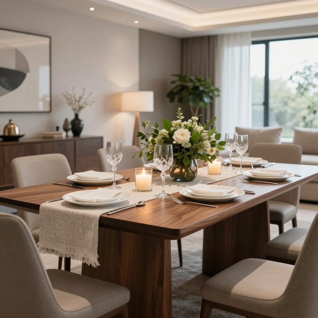 A modern dining table elegantly set for a stylish gathering, featuring a sleek, rectangular design crafted from rich walnut wood. The foreground showcases a beautifully arranged table with minimalist white tableware, crystal glassware, and lush greenery as centerpieces. In the middle, soft ambient lighting casts a warm glow over textured linen table runners and chic candle holders, enhancing the sophisticated atmosphere. The background includes a tastefully styled dining area with contemporary artwork on the walls and a large window letting in natural light, highlighting the airy space. The overall mood is inviting and refined, perfect for modern dining trends. The image should be captured with a wide-angle lens, emphasizing the table while maintaining an elegant composition.