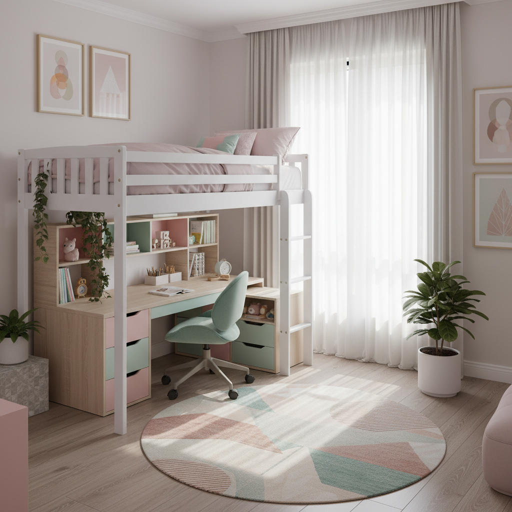 A modern girl's bedroom featuring a stylish and functional design, showcasing multi-functional furniture like a loft bed with a cozy study area underneath, a compact desk with built-in storage, and colorful shelving for books and toys. The room has soft pastel colors, with accents of pink and mint green, providing a cheerful atmosphere. Natural light streams through large windows draped with light curtains, creating a warm ambiance. The decor includes a playful rug, framed art on the walls, and indoor plants adding freshness. Capture this scene from a slightly elevated angle, emphasizing the layout and furniture arrangements, while ensuring a bright and inviting mood that reflects creativity and comfort. A modern girl's bedroom featuring a stylish and functional design, showcasing multi-functional furniture like a loft bed with a cozy study area underneath, a compact desk with built-in storage, and colorful shelving for books and toys. The room has soft pastel colors, with accents of pink and mint green, providing a cheerful atmosphere. Natural light streams through large windows draped with light curtains, creating a warm ambiance. The decor includes a playful rug, framed art on the walls, and indoor plants adding freshness. Capture this scene from a slightly elevated angle, emphasizing the layout and furniture arrangements, while ensuring a bright and inviting mood that reflects creativity and comfort.