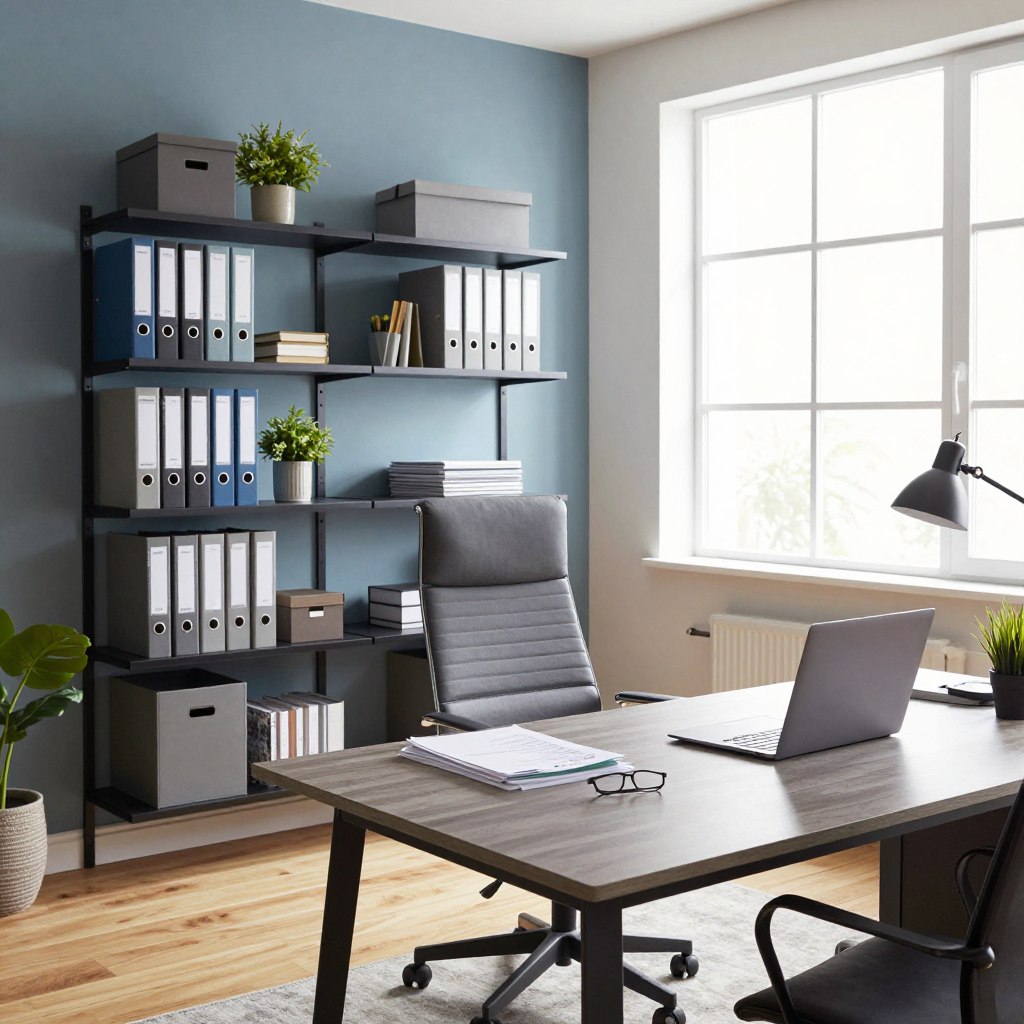 A modern home office scene focused on maximizing storage space. In the foreground, a well-organized desk featuring stylish office supplies, a laptop, and neatly arranged documents. To the left, a wall-mounted shelving unit creatively filled with binders, plants, and decorative storage boxes, showcasing effective use of vertical space. The middle layer includes a comfortable office chair that complements the sophisticated decor. In the background, a large window brings in natural light, illuminating the wooden floor and brightening the room, creating an inviting atmosphere. The room features calming colors like soft blues and grays, promoting productivity. The image is shot at a slight angle to capture depth and functionality, emphasizing a professional yet cozy workspace designed for efficiency. A modern home office scene focused on maximizing storage space. In the foreground, a well-organized desk featuring stylish office supplies, a laptop, and neatly arranged documents. To the left, a wall-mounted shelving unit creatively filled with binders, plants, and decorative storage boxes, showcasing effective use of vertical space. The middle layer includes a comfortable office chair that complements the sophisticated decor. In the background, a large window brings in natural light, illuminating the wooden floor and brightening the room, creating an inviting atmosphere. The room features calming colors like soft blues and grays, promoting productivity. The image is shot at a slight angle to capture depth and functionality, emphasizing a professional yet cozy workspace designed for efficiency.