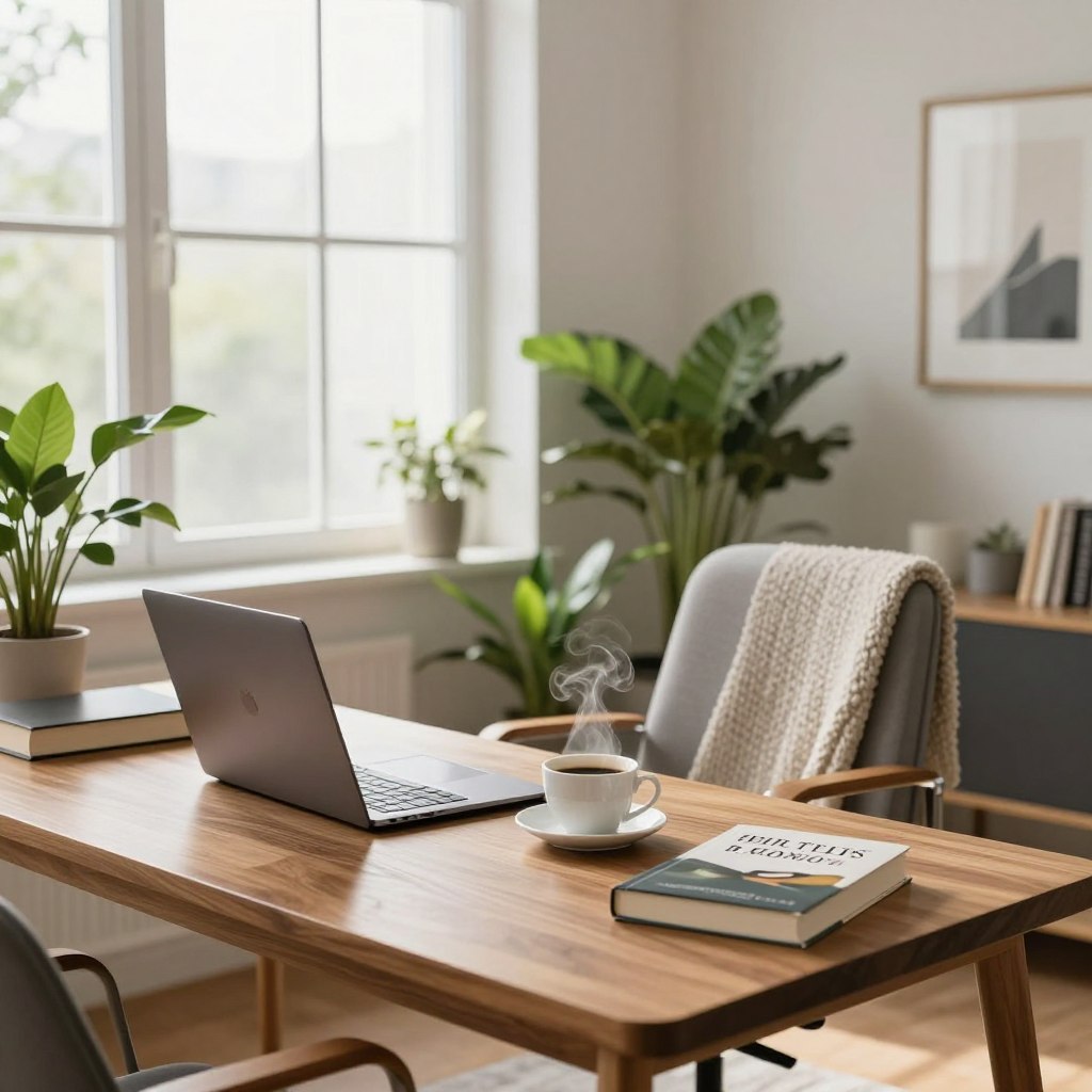 A modern home office setting designed for productivity and motivation, focusing on a beautifully organized workspace. In the foreground, a stylish wooden desk with a sleek laptop, a cup of steaming coffee, and a few inspiring books. In the middle, a comfortable office chair featuring a cozy throw blanket, positioned next to a large window illuminating the space with natural light. Lush green plants add a refreshing touch around the desk. In the background, a soft, muted color palette with art on the walls, hinting at creativity and focus. The scene is well-lit, with a bright, airy atmosphere that promotes concentration. Capture this scene with a wide-angle lens to emphasize the inviting, calm space that encourages staying focused and motivated. A modern home office setting designed for productivity and motivation, focusing on a beautifully organized workspace. In the foreground, a stylish wooden desk with a sleek laptop, a cup of steaming coffee, and a few inspiring books. In the middle, a comfortable office chair featuring a cozy throw blanket, positioned next to a large window illuminating the space with natural light. Lush green plants add a refreshing touch around the desk. In the background, a soft, muted color palette with art on the walls, hinting at creativity and focus. The scene is well-lit, with a bright, airy atmosphere that promotes concentration. Capture this scene with a wide-angle lens to emphasize the inviting, calm space that encourages staying focused and motivated.