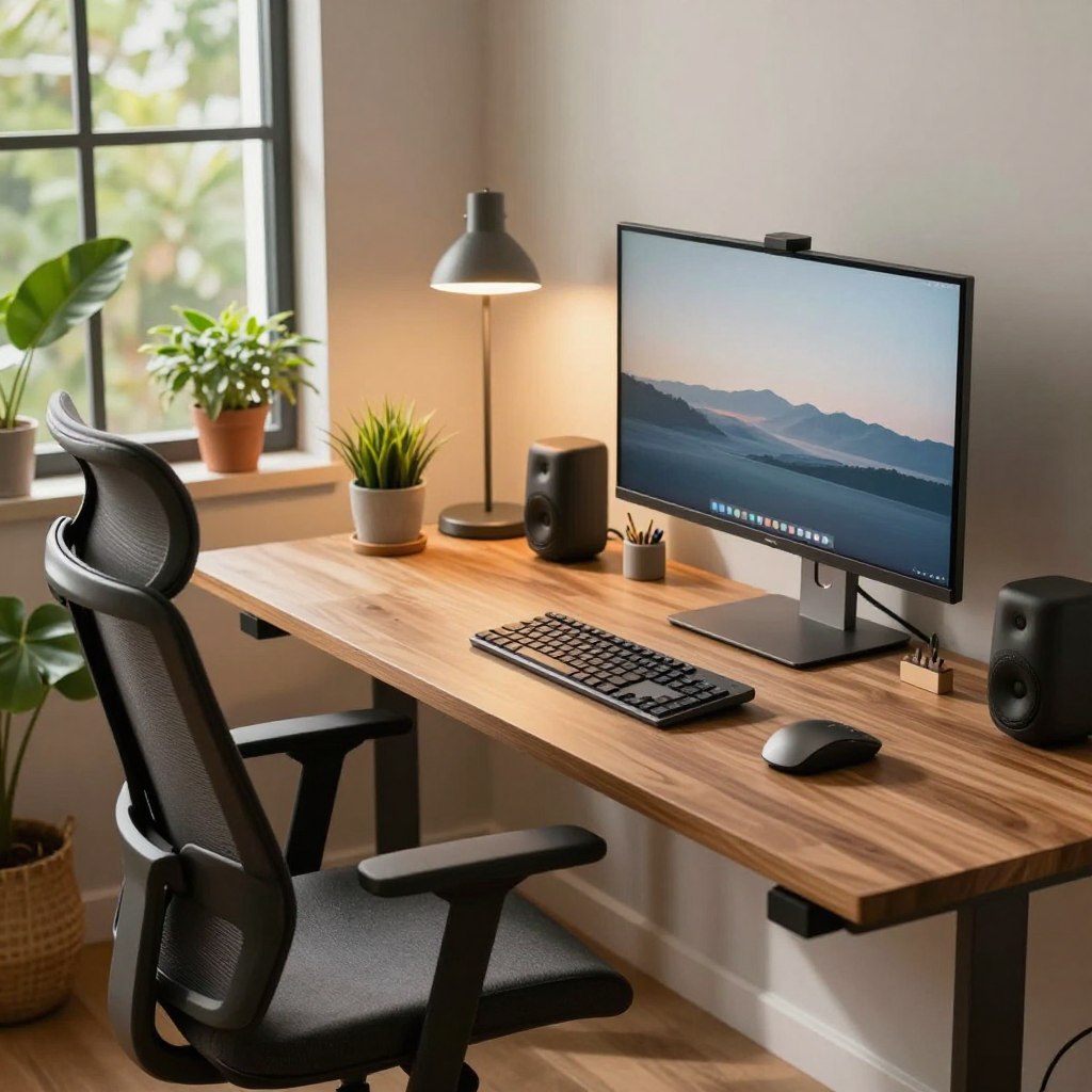 A modern home office setup featuring sleek technology and design elements. In the foreground, a stylish ergonomic chair and a minimalist wooden desk hold a high-resolution monitor, a laptop with a wireless keyboard, and smart speakers. In the middle, a well-organized workspace with plants, stationery, and a modern desk lamp casts a warm glow. The background shows large windows with natural light pouring in, revealing a calming view of greenery outside. Warm tones dominate the color palette, creating an inspiring and productive atmosphere. The scene is captured from a slight angle, enhancing depth and perspective, with gentle shadows adding a touch of realism. The overall mood is bright, inviting, and conducive to creativity and productivity. A modern home office setup featuring sleek technology and design elements. In the foreground, a stylish ergonomic chair and a minimalist wooden desk hold a high-resolution monitor, a laptop with a wireless keyboard, and smart speakers. In the middle, a well-organized workspace with plants, stationery, and a modern desk lamp casts a warm glow. The background shows large windows with natural light pouring in, revealing a calming view of greenery outside. Warm tones dominate the color palette, creating an inspiring and productive atmosphere. The scene is captured from a slight angle, enhancing depth and perspective, with gentle shadows adding a touch of realism. The overall mood is bright, inviting, and conducive to creativity and productivity.