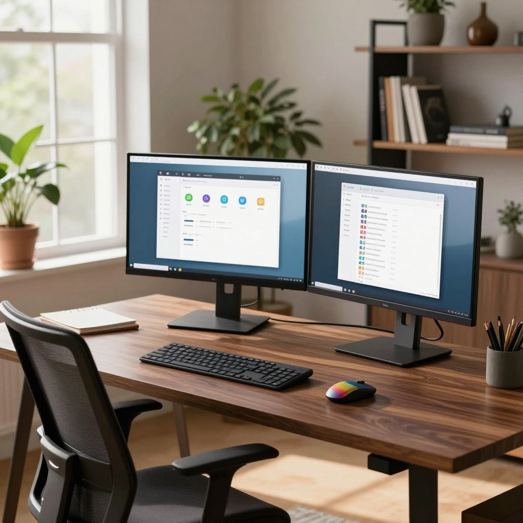 A modern home office setup showcasing a dual-monitor workstation, featuring sleek, high-resolution screens displaying productivity apps. In the foreground, a stylish ergonomic chair complements a clean, dark wooden desk. Accessories include a wireless keyboard, a mouse with a vibrant design, and organizational tools like a planner and pen holder. In the middle ground, a large window lets in natural light, illuminating potted plants, adding a touch of greenery. The background reveals a minimalist bookshelf filled with professional literature and decorative items. The scene is captured from a slight angle, emphasizing depth, with warm, inviting lighting to create a focused and inspiring atmosphere suitable for productive remote work. A modern home office setup showcasing a dual-monitor workstation, featuring sleek, high-resolution screens displaying productivity apps. In the foreground, a stylish ergonomic chair complements a clean, dark wooden desk. Accessories include a wireless keyboard, a mouse with a vibrant design, and organizational tools like a planner and pen holder. In the middle ground, a large window lets in natural light, illuminating potted plants, adding a touch of greenery. The background reveals a minimalist bookshelf filled with professional literature and decorative items. The scene is captured from a slight angle, emphasizing depth, with warm, inviting lighting to create a focused and inspiring atmosphere suitable for productive remote work.