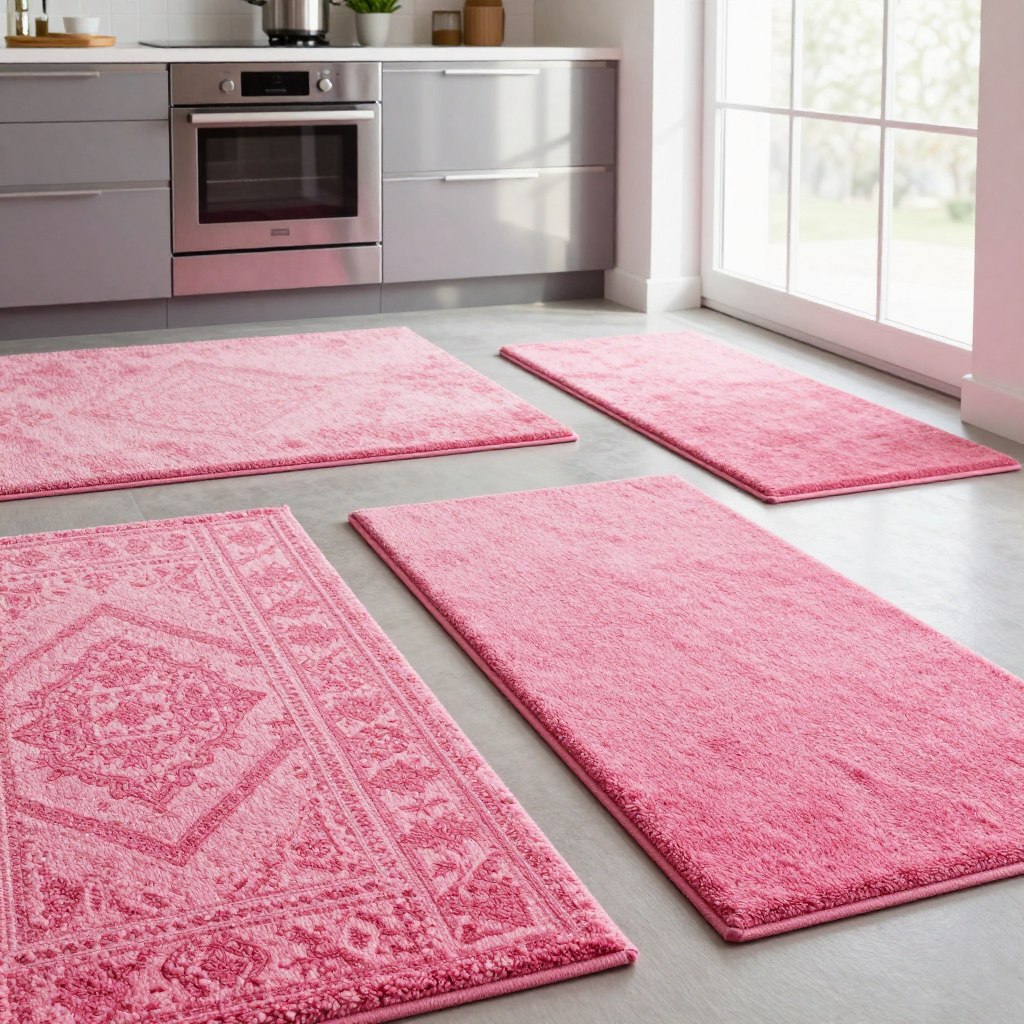 A modern kitchen interior showcasing a vibrant selection of pink kitchen rugs made from various materials such as cotton, wool, and polyester. In the foreground, display a luxurious plush cotton rug with intricate patterns, next to a simpler, durable outdoor rug made of synthetic fibers. The middle ground features a beautifully designed wool rug with a soft texture, while the background contains a sleek modern kitchen with stainless steel appliances and bright natural light pouring in through large windows. Use soft, diffused lighting to create a warm and inviting atmosphere. Capture the scene from a slightly elevated angle to highlight all the rug materials in an organized manner, ensuring a visually appealing and informative composition. A modern kitchen interior showcasing a vibrant selection of pink kitchen rugs made from various materials such as cotton, wool, and polyester. In the foreground, display a luxurious plush cotton rug with intricate patterns, next to a simpler, durable outdoor rug made of synthetic fibers. The middle ground features a beautifully designed wool rug with a soft texture, while the background contains a sleek modern kitchen with stainless steel appliances and bright natural light pouring in through large windows. Use soft, diffused lighting to create a warm and inviting atmosphere. Capture the scene from a slightly elevated angle to highlight all the rug materials in an organized manner, ensuring a visually appealing and informative composition.