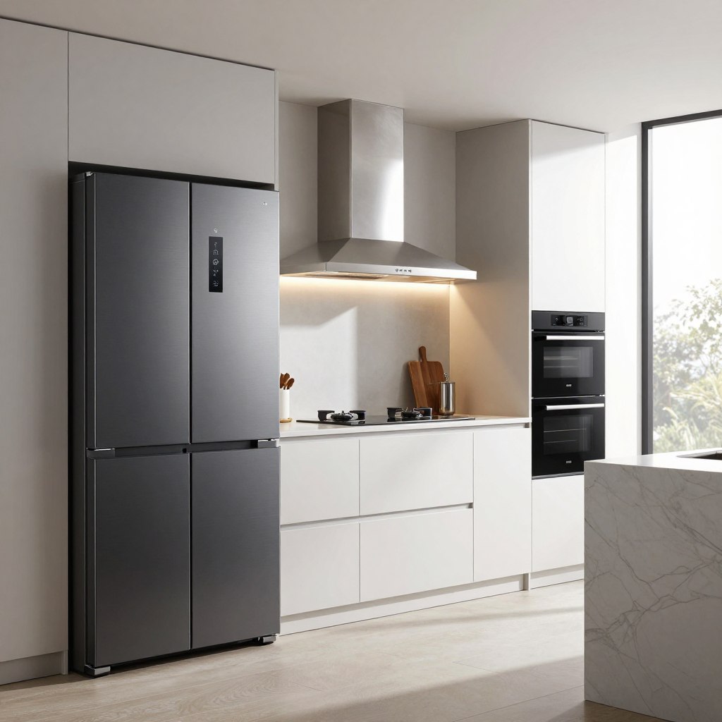 A modern kitchen showcasing cutting-edge appliances with sleek stainless steel and matte black finishes. In the foreground, a stylish built-in refrigerator with a minimalist design and touch-control panel. In the middle ground, a seamless induction cooktop paired with a contemporary hood, both reflecting soft, warm lighting that highlights their elegant curves. To the side, a high-tech oven with a glass door, showcasing the futuristic design. The background features smooth white cabinetry and a stylish marble island, enhancing the sophisticated aesthetic. The scene is illuminated by natural light streaming in from a large window, creating a bright, inviting atmosphere. The overall mood is sleek, modern, and aspirational, ideal for a contemporary kitchen design.