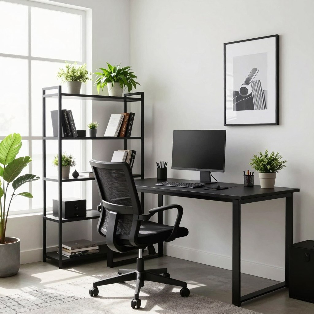 A modern professional home office setup designed for remote workers. In the foreground, a sleek wooden desk is adorned with a high-quality laptop, a small plant, and a stylish desk lamp casting warm light. On the desk, a notepad and a cup of coffee emphasize a productive atmosphere. In the middle, an ergonomic office chair is positioned perfectly, with a soft, cozy rug beneath. The background features a well-organized bookshelf filled with books and decorative items, alongside a large window allowing natural light to fill the room. Soft curtains frame the window, creating a serene ambiance. The overall atmosphere is clean, minimalistic, and inspiring, highlighting a balance between professionalism and comfort, perfect for enhancing creativity and focus. A modern professional home office setup designed for remote workers. In the foreground, a sleek wooden desk is adorned with a high-quality laptop, a small plant, and a stylish desk lamp casting warm light. On the desk, a notepad and a cup of coffee emphasize a productive atmosphere. In the middle, an ergonomic office chair is positioned perfectly, with a soft, cozy rug beneath. The background features a well-organized bookshelf filled with books and decorative items, alongside a large window allowing natural light to fill the room. Soft curtains frame the window, creating a serene ambiance. The overall atmosphere is clean, minimalistic, and inspiring, highlighting a balance between professionalism and comfort, perfect for enhancing creativity and focus.