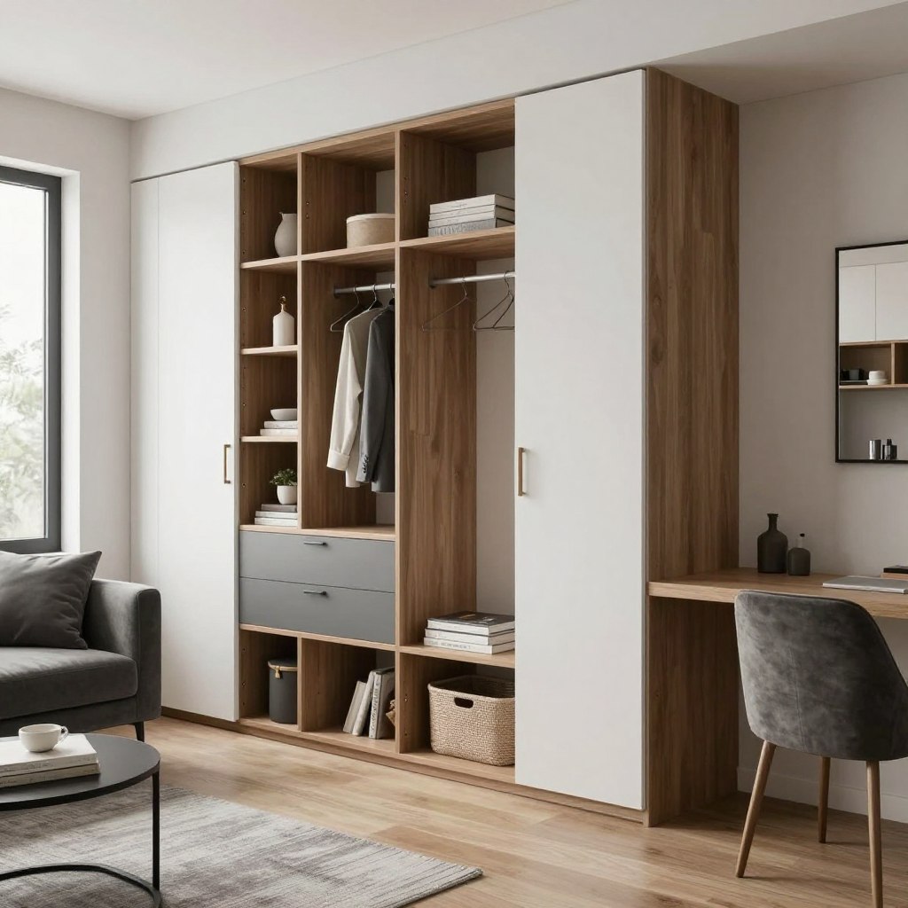 A modern, stylish studio apartment showcasing innovative storage solutions tailored for small spaces. In the foreground, feature smartly designed multi-functional furniture, such as a coffee table that transforms into storage or a bed with built-in drawers. In the middle ground, include wall-mounted shelves filled with plants and decorative items, maximizing vertical space. The background reveals a cozy living area, with sleek cabinetry and clever closet solutions that blend seamlessly into the décor. Use warm, natural lighting to create an inviting atmosphere, and angle the view slightly from above to highlight the depth and efficiency of the design. The overall mood should feel bright, airy, and inspiring, emphasizing the importance of creative storage in small space living. A modern, stylish studio apartment showcasing innovative storage solutions tailored for small spaces. In the foreground, feature smartly designed multi-functional furniture, such as a coffee table that transforms into storage or a bed with built-in drawers. In the middle ground, include wall-mounted shelves filled with plants and decorative items, maximizing vertical space. The background reveals a cozy living area, with sleek cabinetry and clever closet solutions that blend seamlessly into the décor. Use warm, natural lighting to create an inviting atmosphere, and angle the view slightly from above to highlight the depth and efficiency of the design. The overall mood should feel bright, airy, and inspiring, emphasizing the importance of creative storage in small space living.