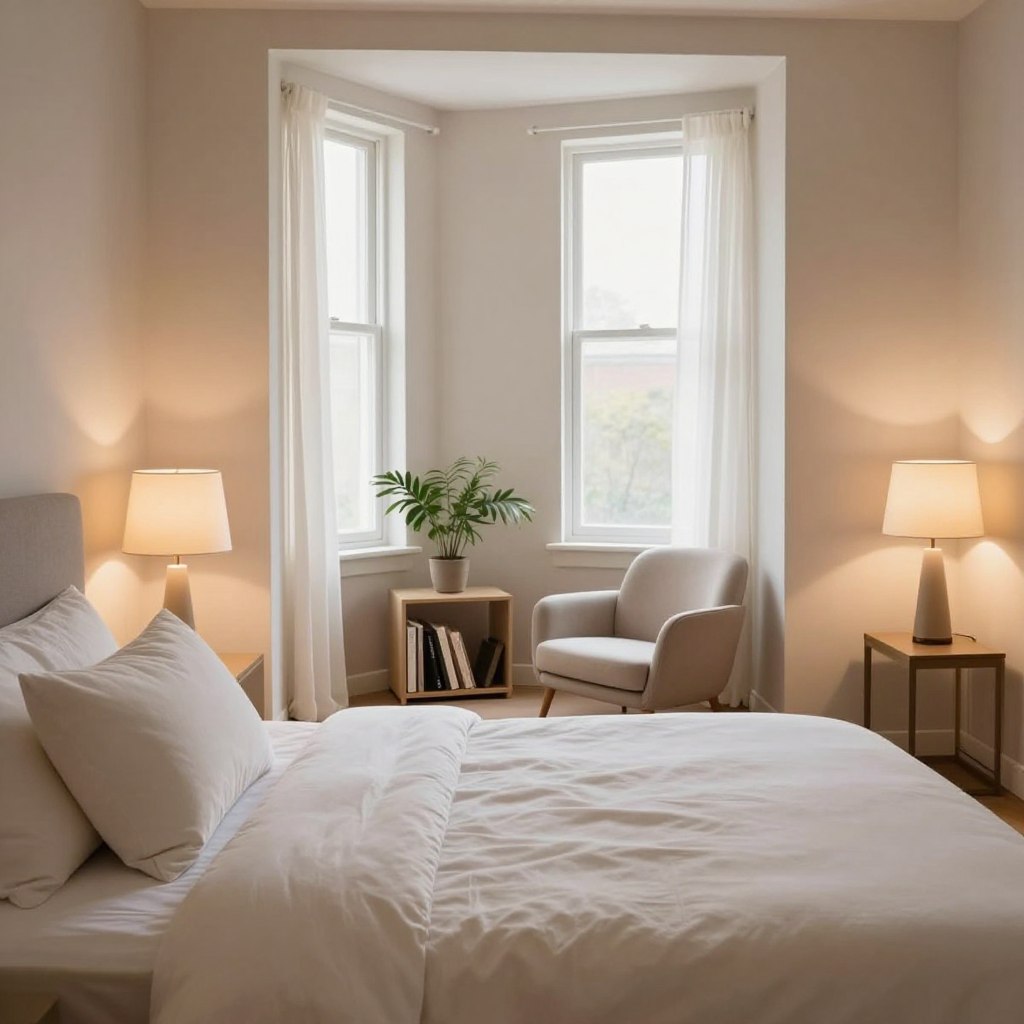 A serene and inviting bedroom designed for relaxation, featuring a beautifully decluttered space. In the foreground, a neatly made bed with soft, neutral linens and a large, plush white throw pillow. On either side, minimalist bedside tables hold elegant table lamps with warm, soft lighting. The middle of the room showcases a cozy reading nook with a modern armchair, a small bookshelf with a few carefully selected books, and a green plant for a touch of nature. The background features soft, pastel-colored walls, a large window allowing gentle sunlight to filter in, and sheer curtains that billow slightly. The atmosphere is calm and tranquil, promoting a sense of peace. The angle captures the entire room, inviting viewers into the relaxing space.