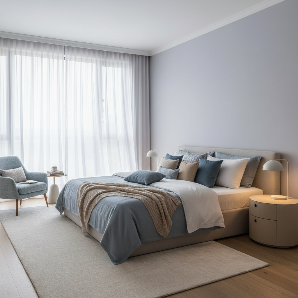 A serene and restful bedroom featuring calming color palettes. In the foreground, soft bedding in muted shades of light blue and gentle beige, complemented by plush decorative pillows. A minimalistic nightstand holds a sleek lamp casting warm, ambient light. In the middle, a large window allows soft natural light to filter through sheer, flowing curtains, enhancing the tranquil atmosphere. A cozy reading nook with a comfortable armchair is placed beside the window, adorned with a soft throw blanket. In the background, soothing wall colors like pale green or soft lavender create a harmonious and peaceful vibe. The overall mood is inviting, relaxing, and stylish, designed to promote restful sleep and enhance the aesthetic of the space. No people are present in the image.